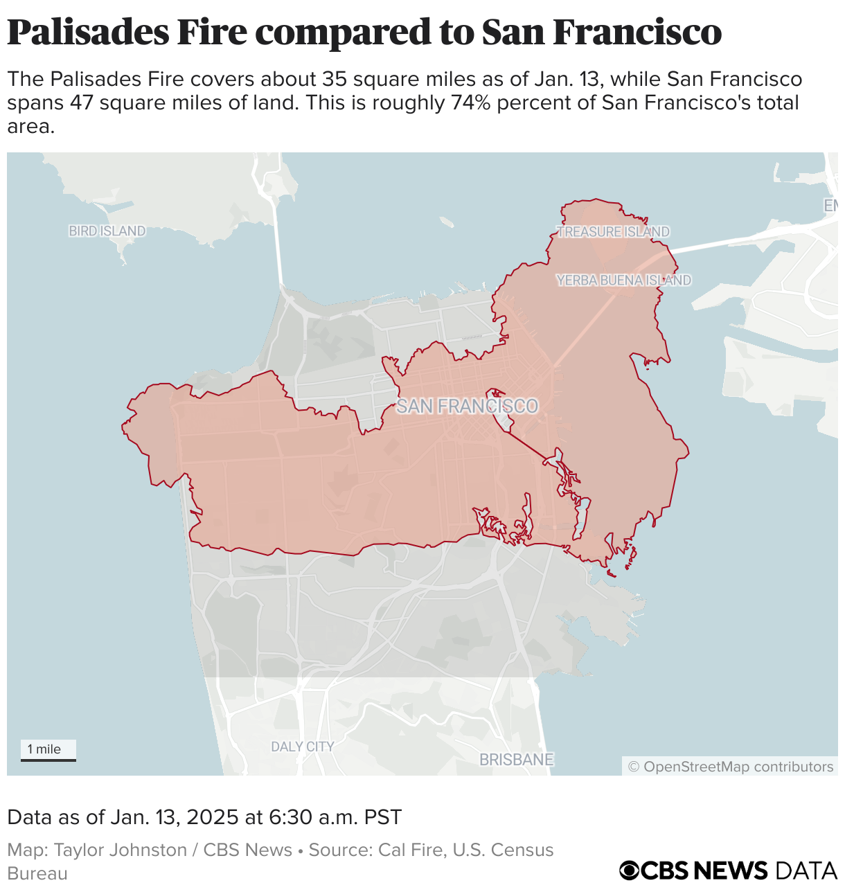 Perimeter of the Palisades Fire placed on the city of San Francisco.