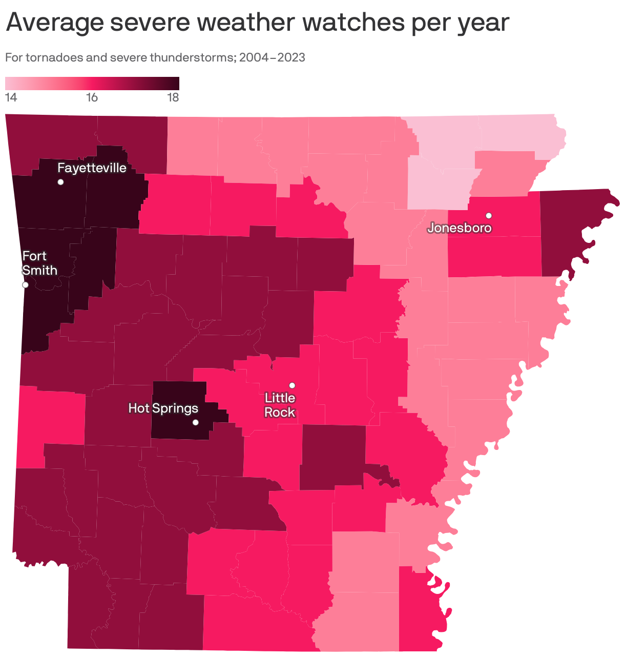 Choropleth map of U.S. counties showing the average number of severe weather watches reported per year, from data collected 2004 to 2023. Counties in the midwest, particularly in Oklahoma, Iowa, Kansas and Nebraska, have the most severe weather watches. States on the West Coast have little to none. Comanche County in Oklahoma is the highest, with 21 severe thunderstorm or tornado watches reported on average per year.