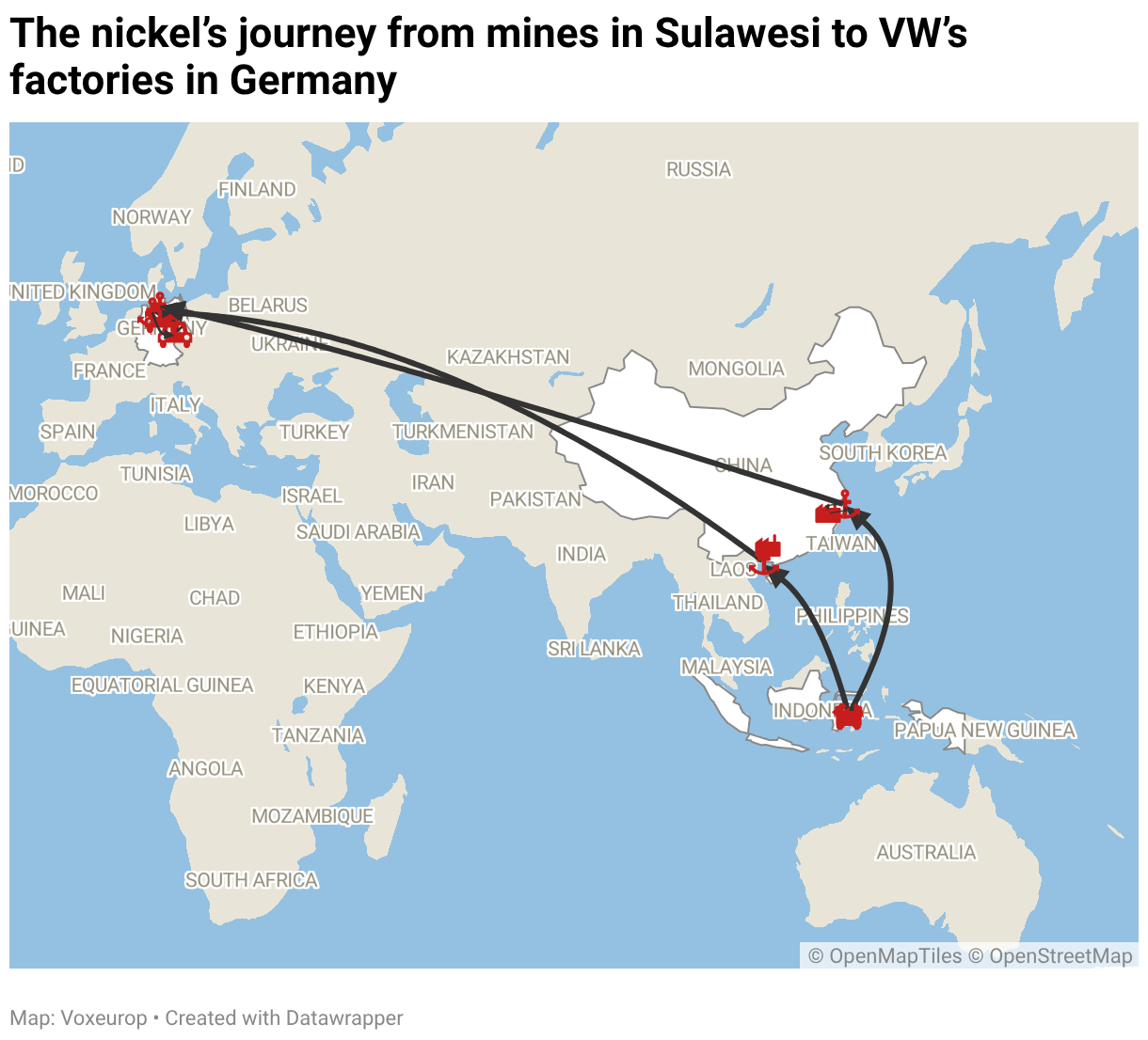 The nickel’s journey from mines in Sulawesi to VW’s factories in Germany (Locator map)