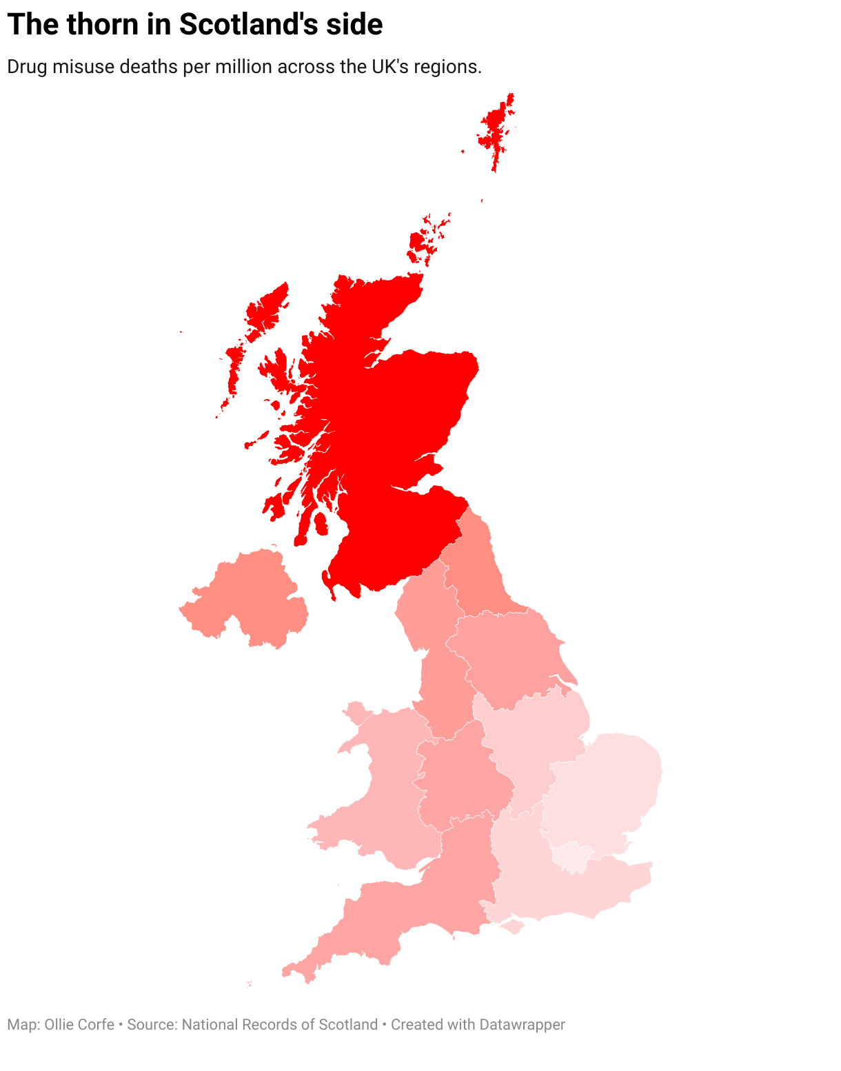 Map of the UK by drug misuse death rates.