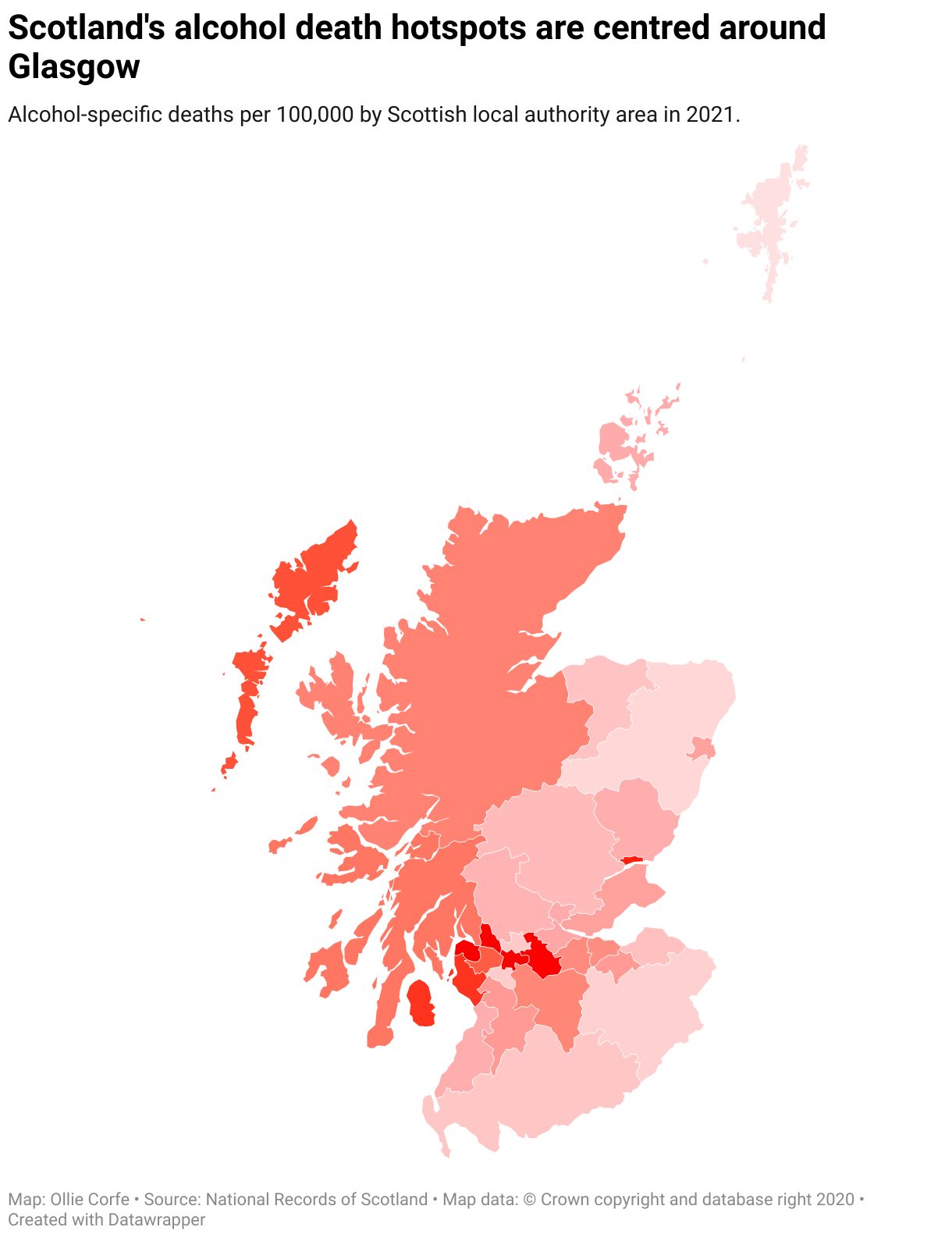 Map of Scotland by alcohol deaths per council.