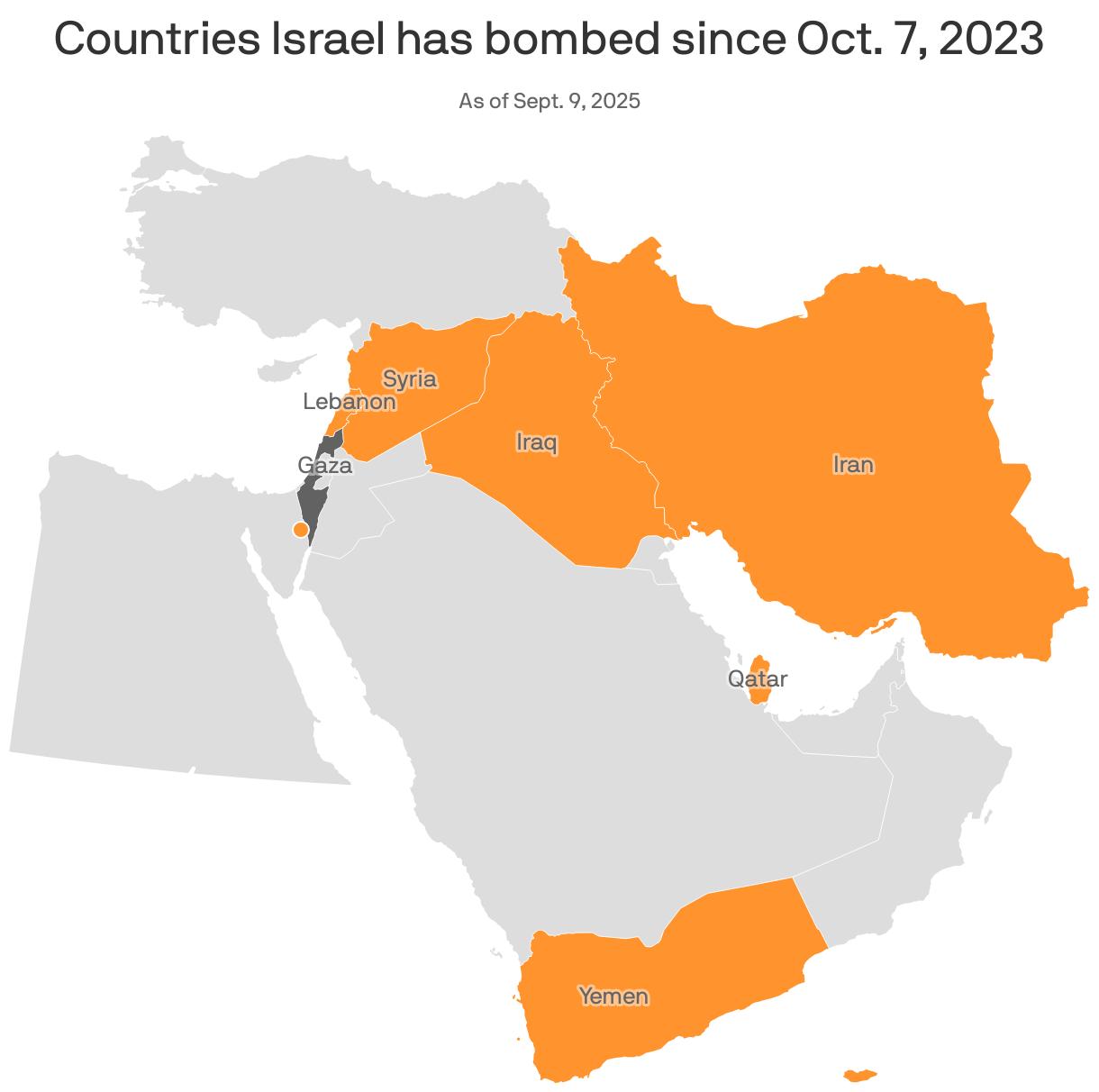 A map of the Middle East highlighting countries Israel has bombed since October 7, 2023. Areas in orange include Syria, Iraq, Iran, Lebanon, Qatar, Gaza and Yemen. Other countries in gray have not been bombed during this period.