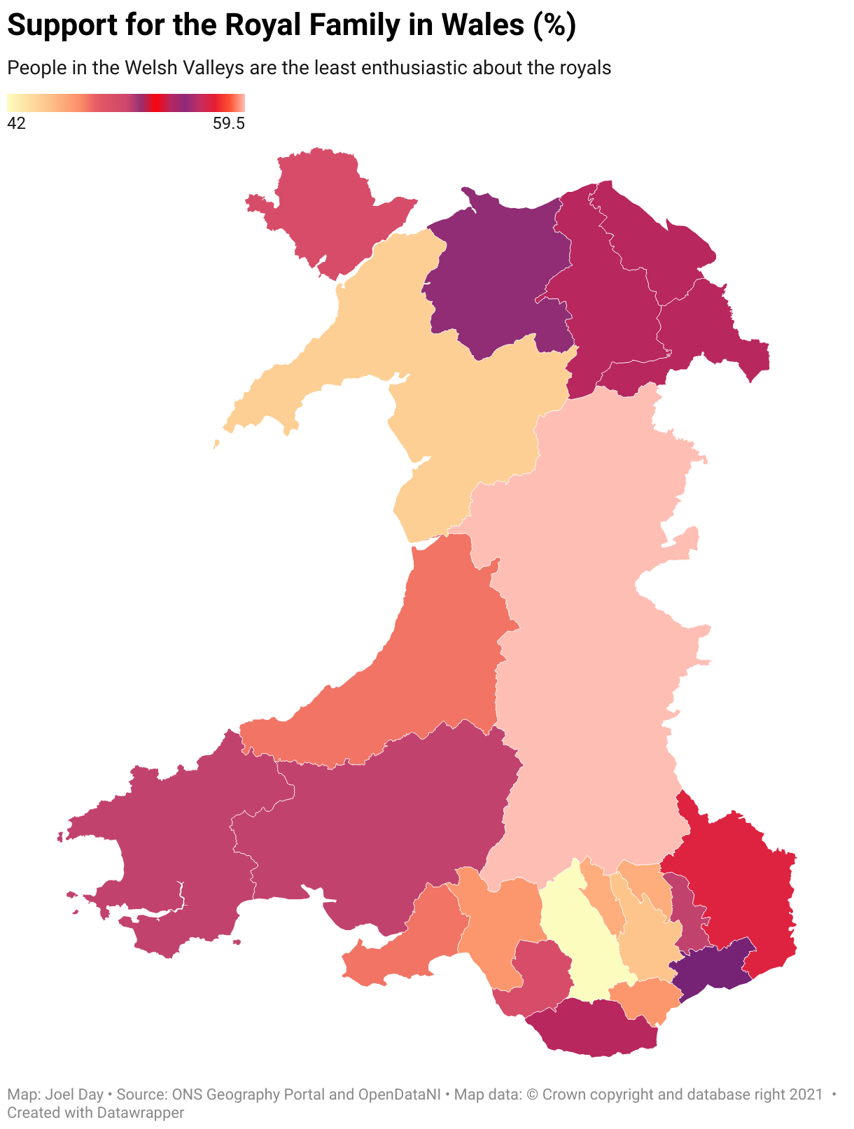 A map showing the percentages of people across Wales who support the Royal Family