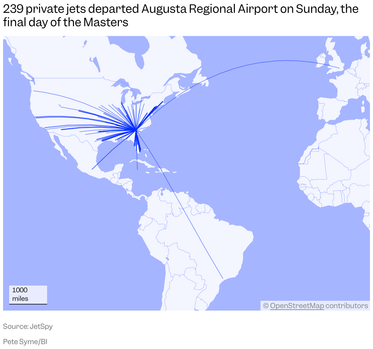 A map of the world shows the flight paths of over 200 airplanes departing Augusta, Georgia, on the last day of the Masters, mostly landing elsewhere in the US.