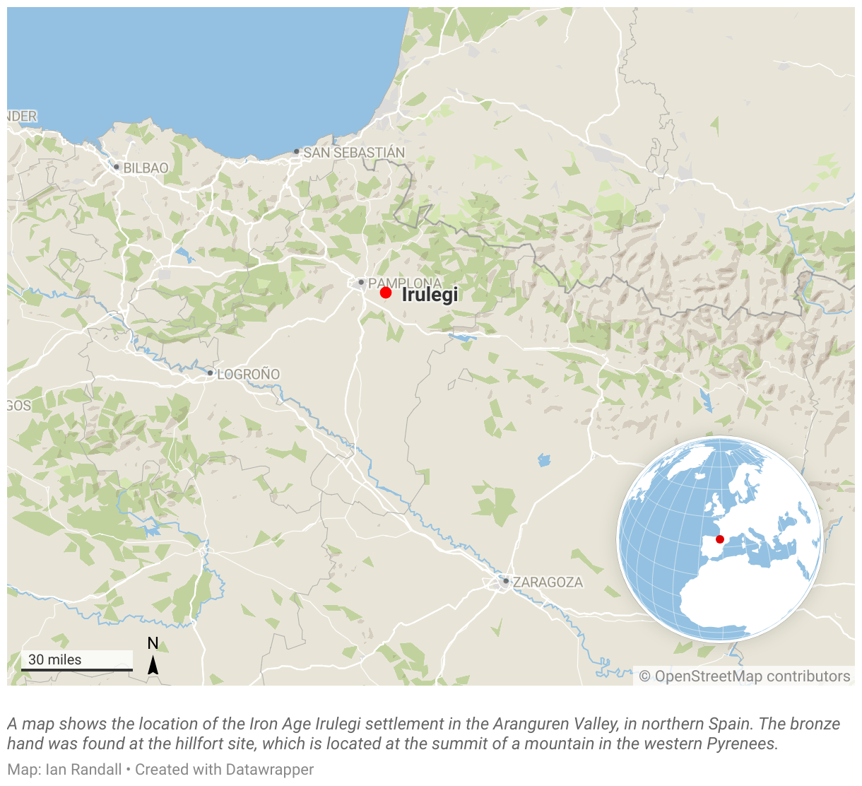 A map shows the location of the Iron Age Irulegi settlement in the Aranguren Valley, in northern Spain.