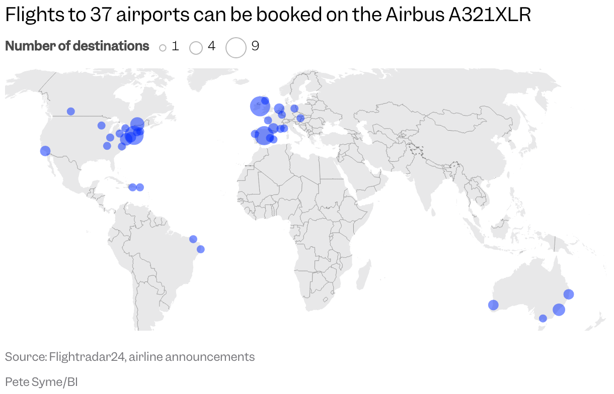 A map of the world shows icons representing the 37 airports served by the Airbus A321XLR with tooltips for the flights available from each one