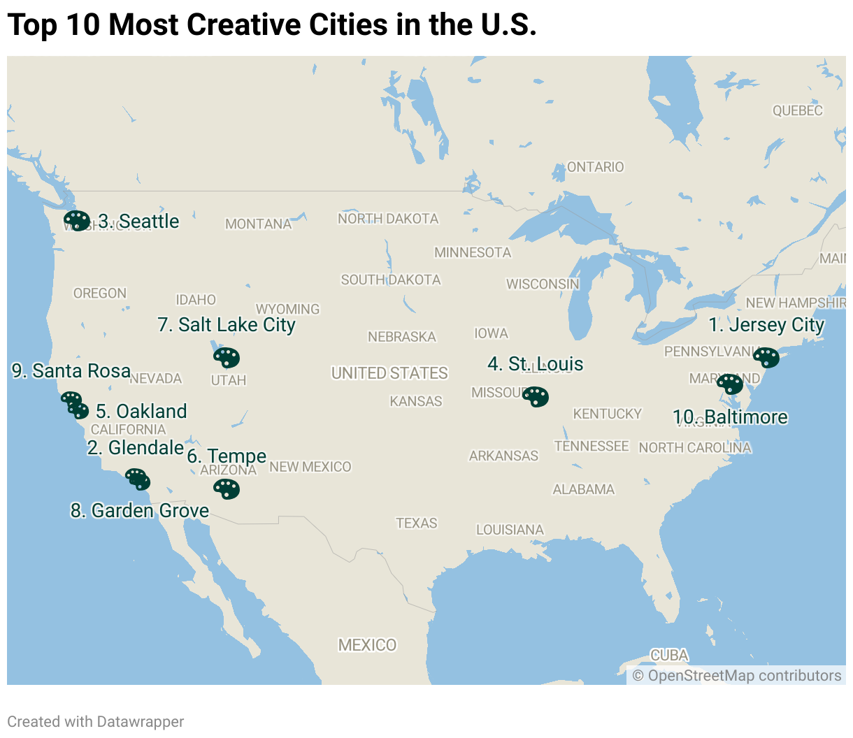 Top 10 Most Creative Cities in the U.S. (Locator map)
