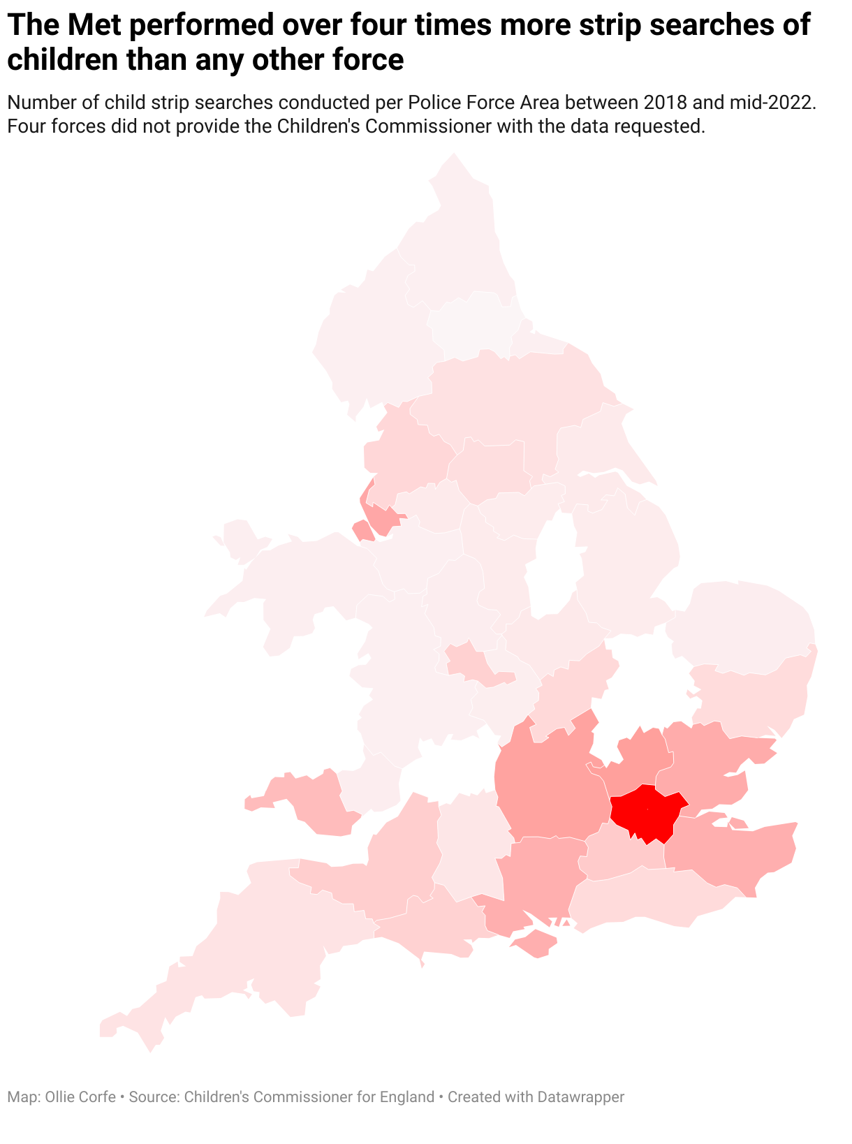 Map of strip searches by police force in England.