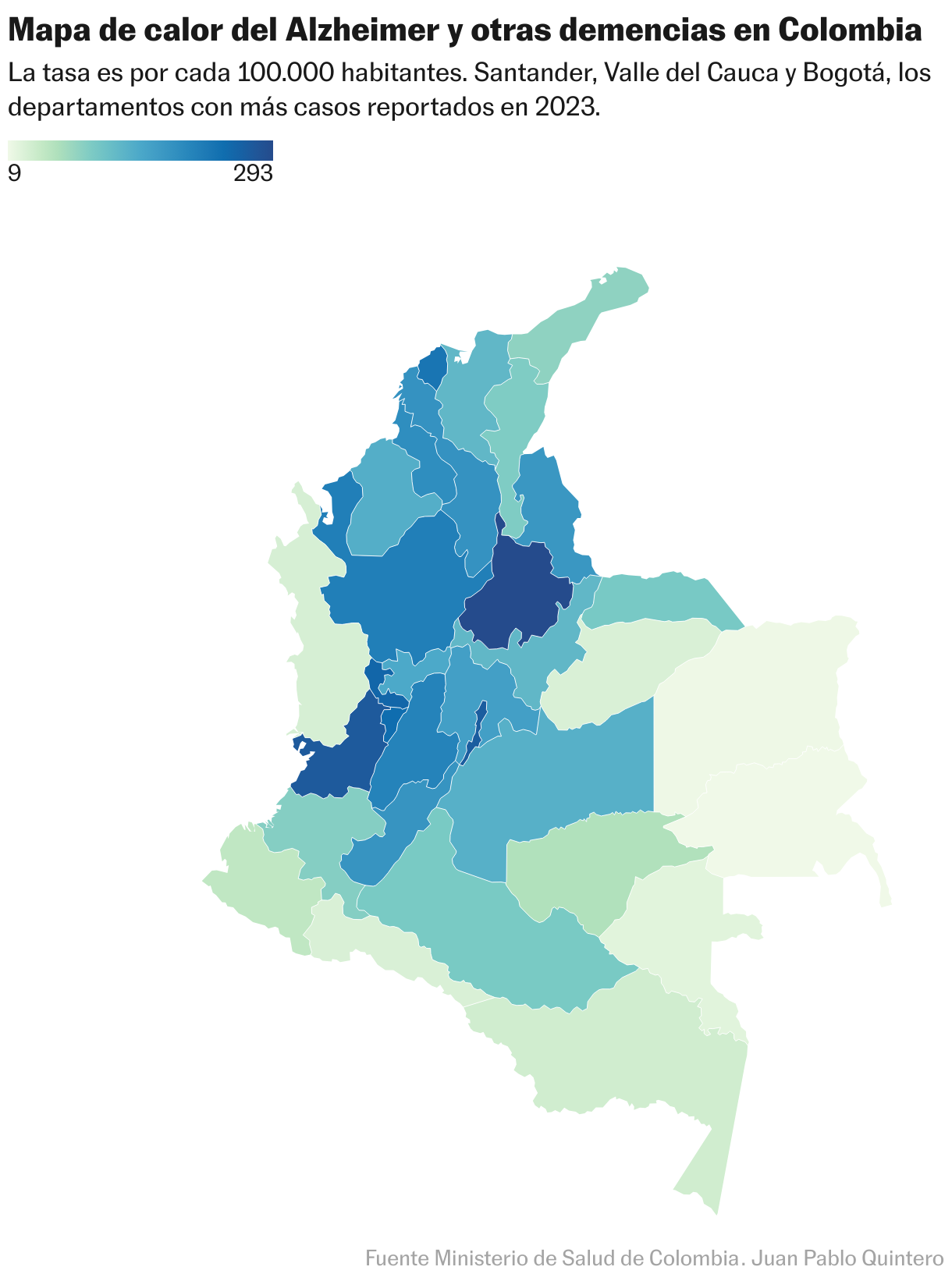 Mapa de calor del Alzheimer y otras demencias en Colombia (Mapa coroplético)