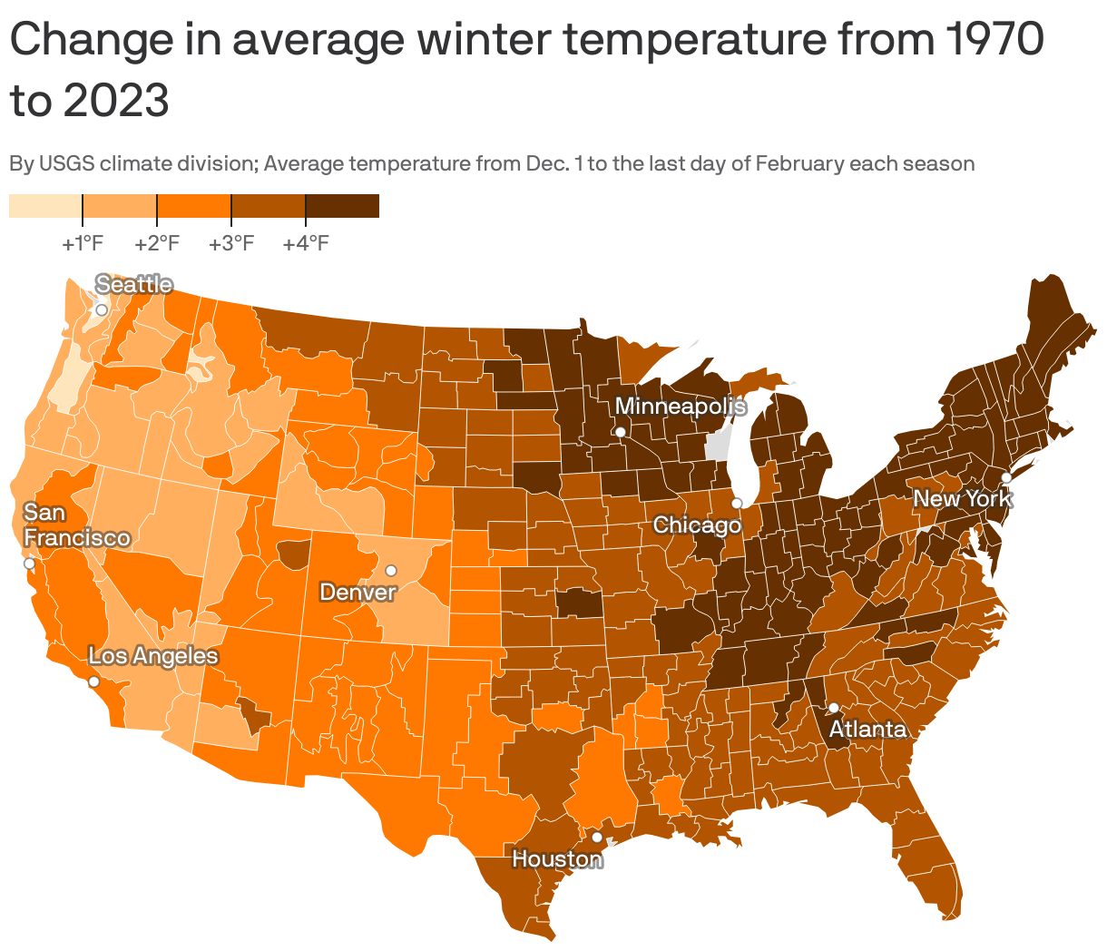 Change in average winter temperature from 1970 to 2023