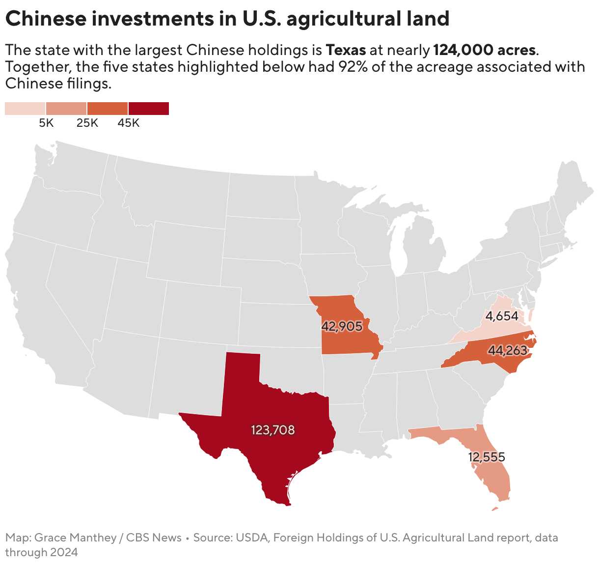 Chinese investments in U.S. agricultural land (Choropleth map)