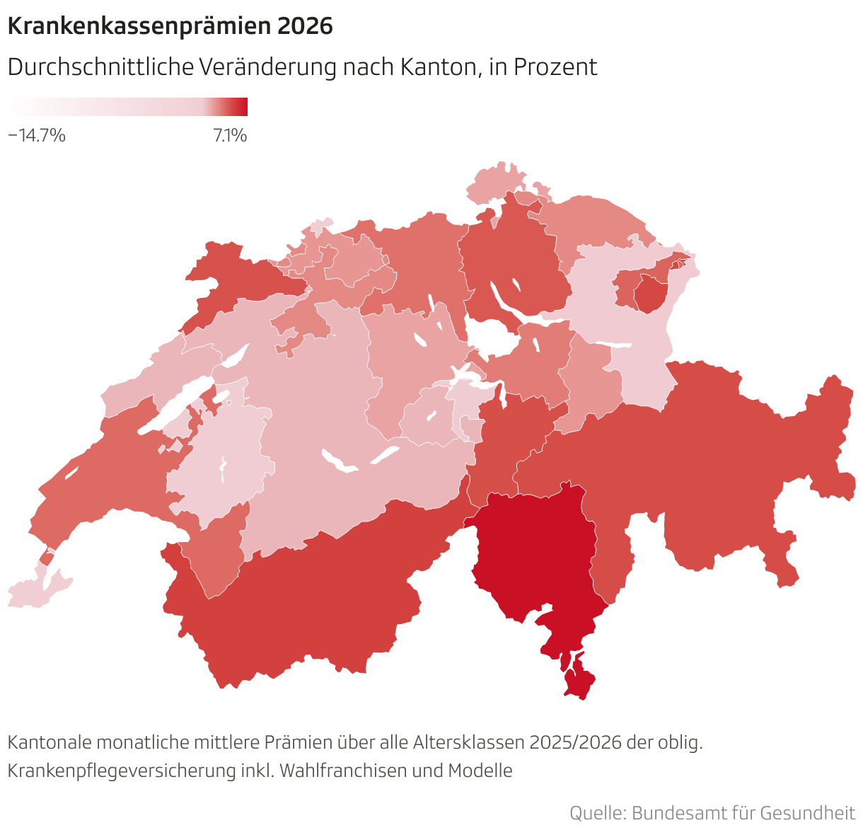 Krankenkassenprämien 2026 (Choroplethen-Karte)