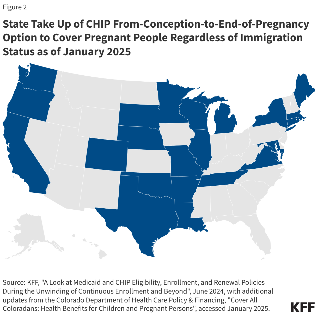 State Take Up of CHIP From-Conception-to-End-of-Pregnancy Option to Cover Pregnant People Regardless of Immigration Status as of March 2024 data chart