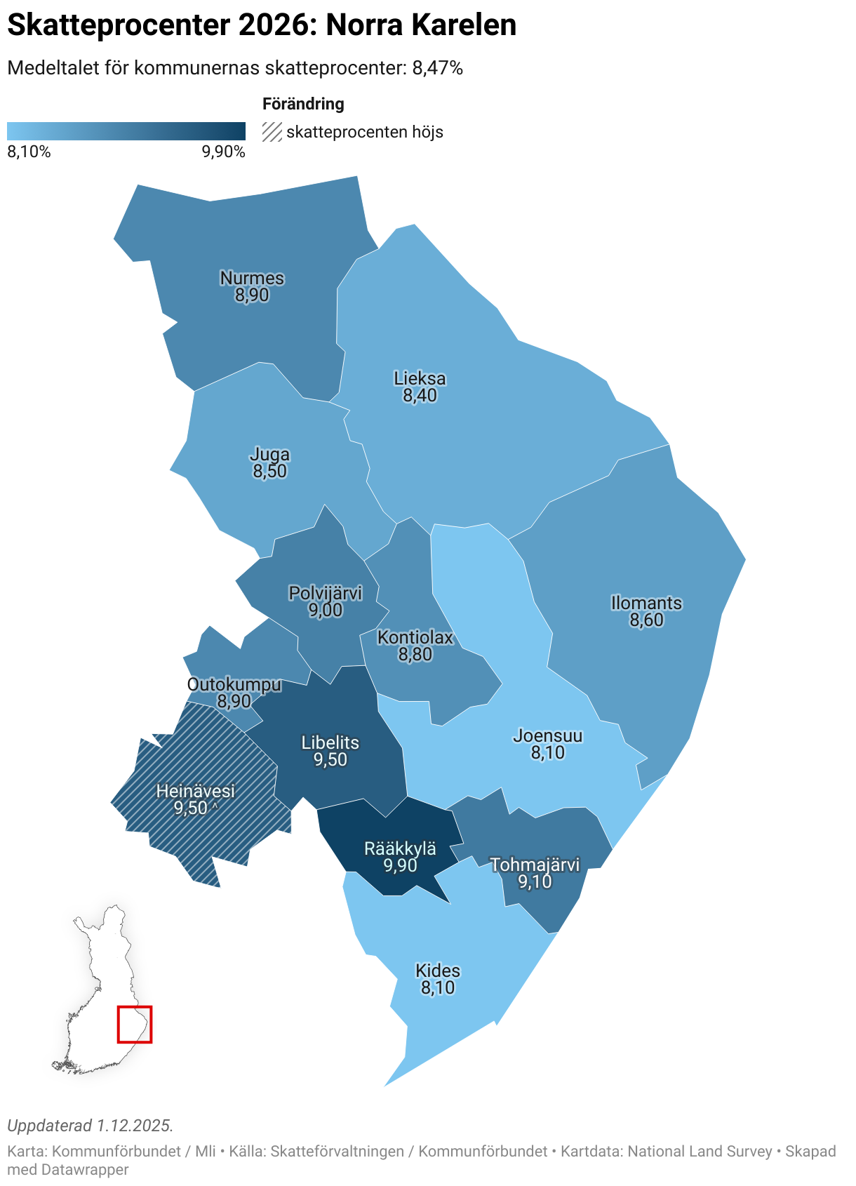 Skatteprocenter 2026: Norra Karelen (Choropleth map)