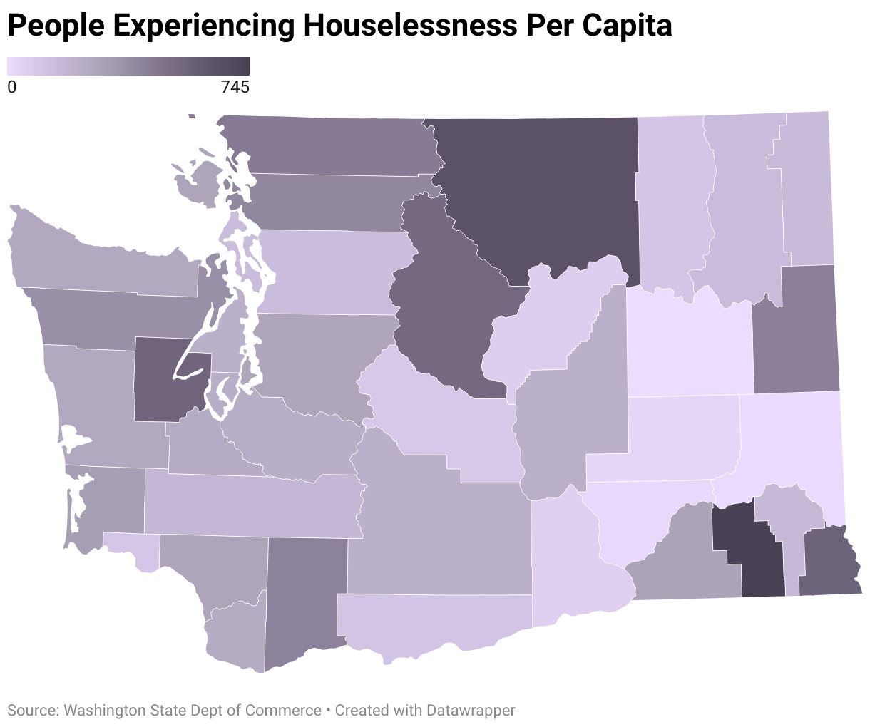 Data visualization displaying the number of people experiencing houselessness per capita in each county of Washington State