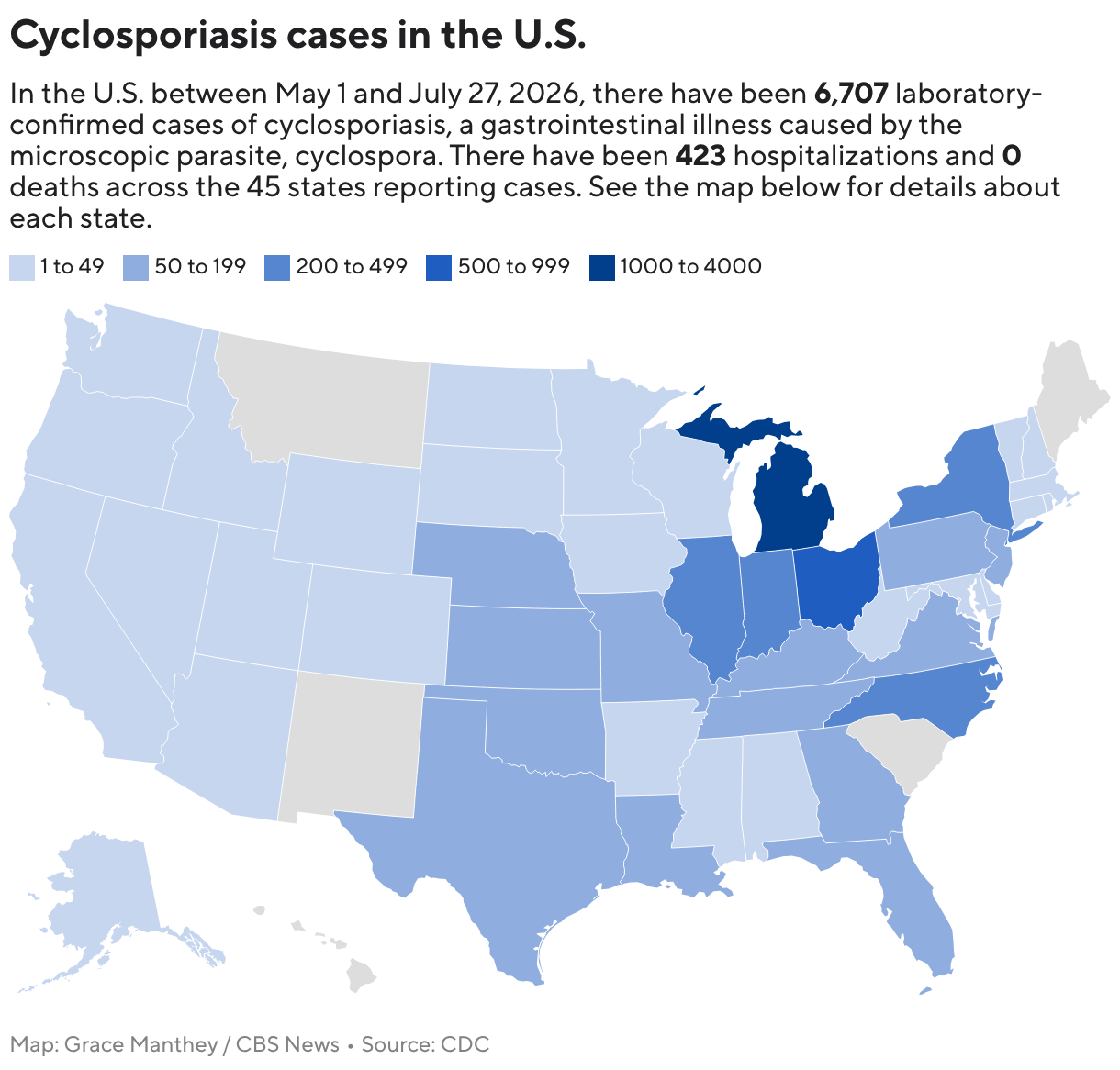 Cyclosporiasis cases in the U.S. (Choropleth map)