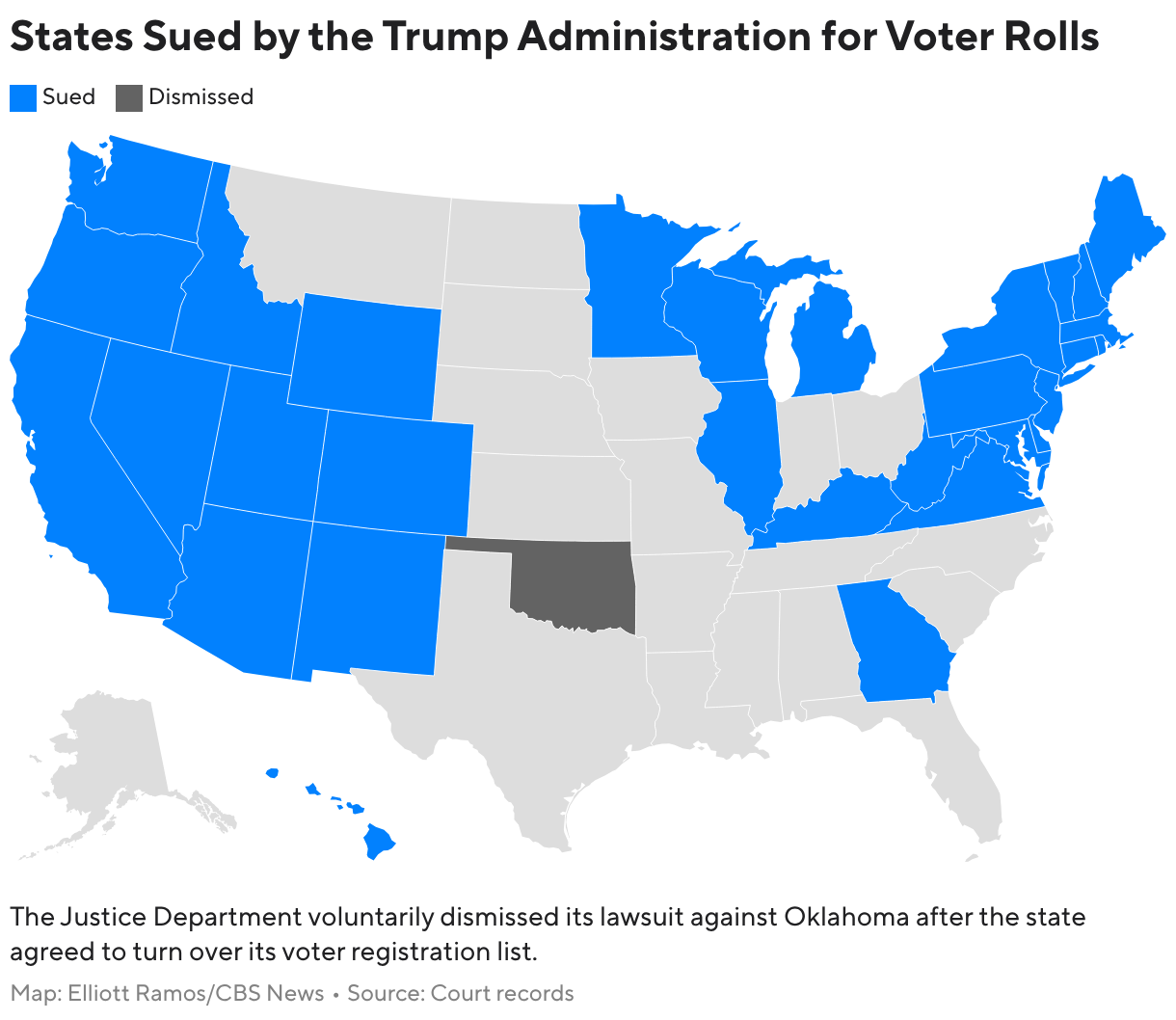 States Sued by the Trump Administration for Voter Rolls (Choropleth map)