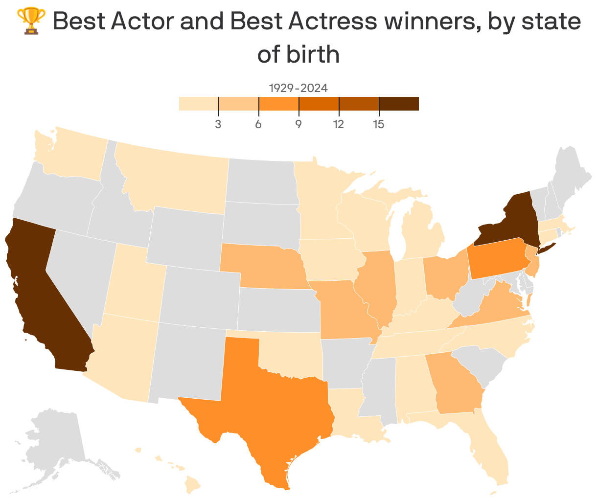 A map showing the number of people who've won Best Actor and Best Actress born in each state. California and New York have the most, with both states having more than 20 winners. 