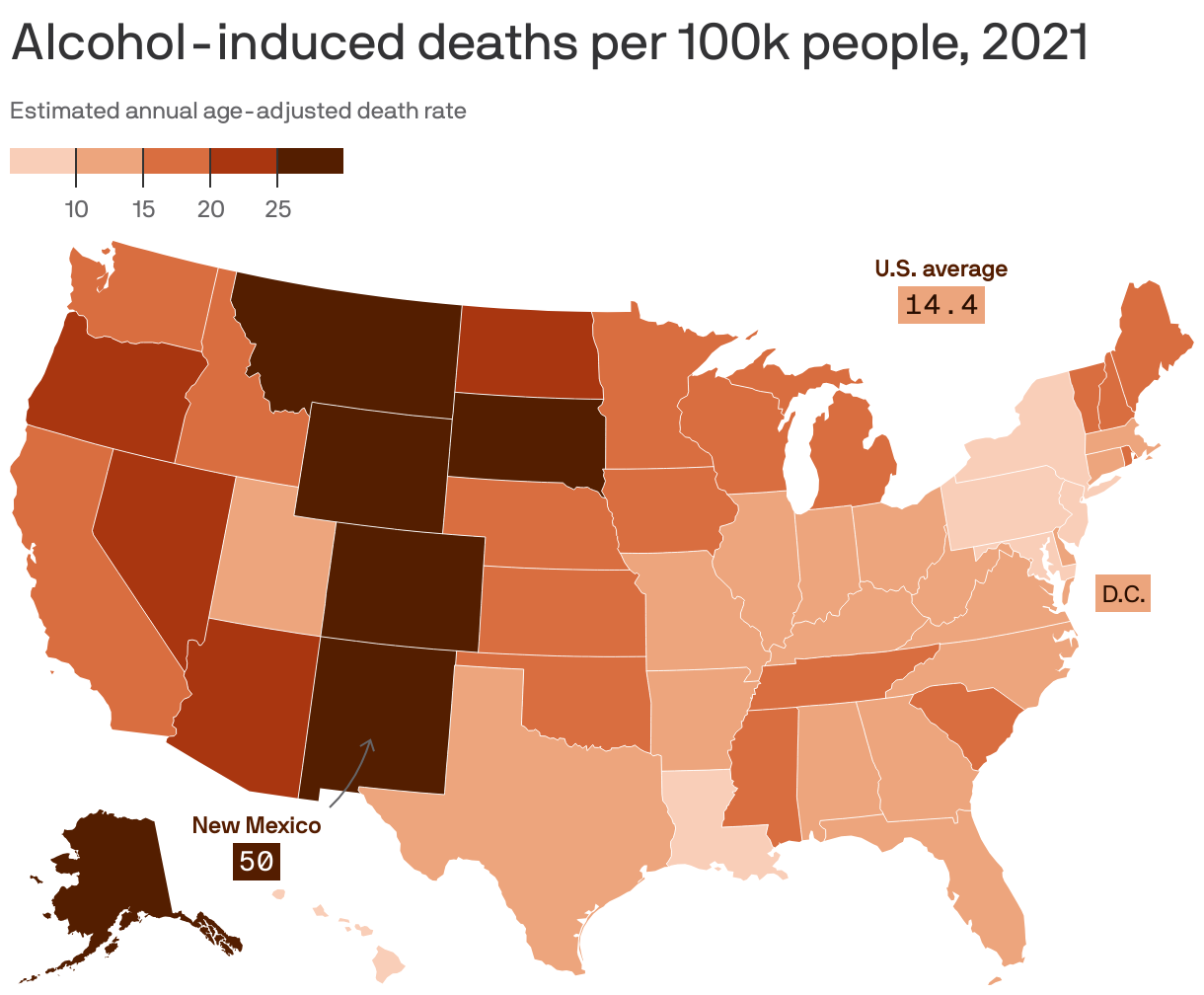 Alcohol-induced deaths per 100k people, 2021