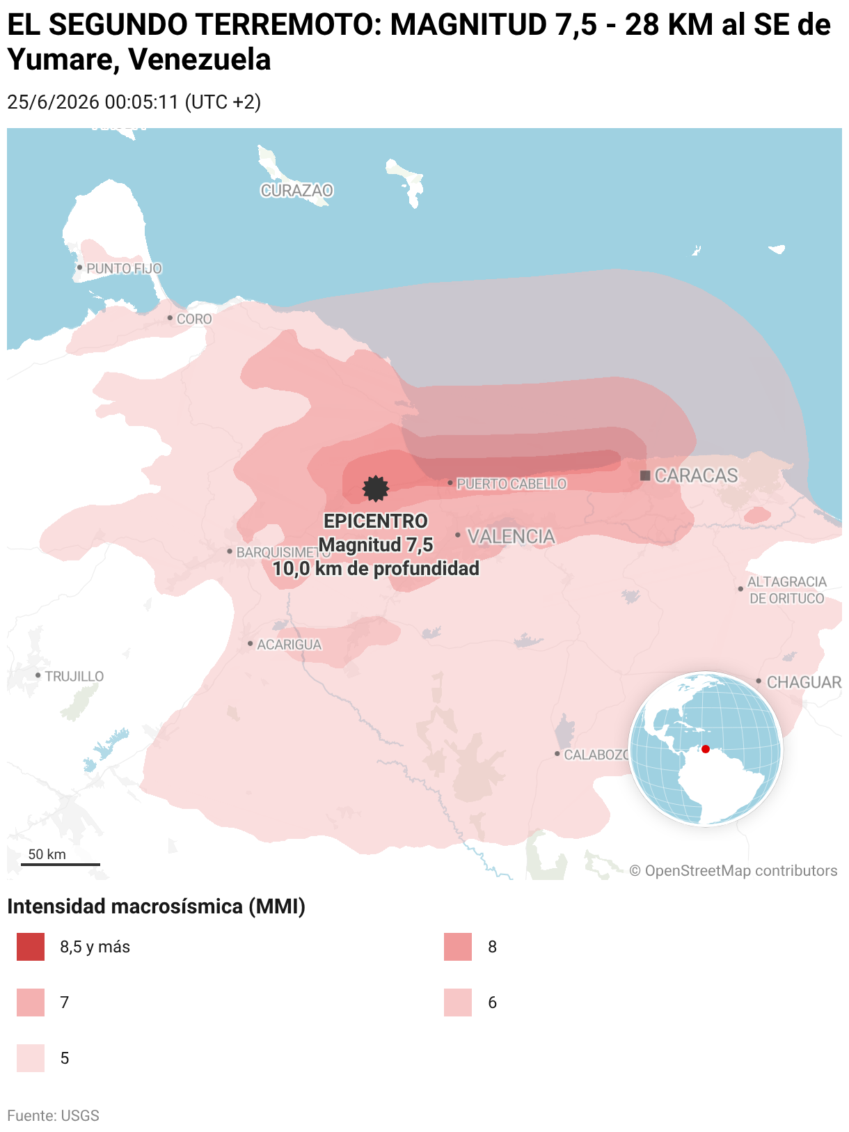 EL SEGUNDO TERREMOTO: MAGNITUD 7,5 - 28 KM al SE de Yumare, Venezuela (Mapas de ubicación)