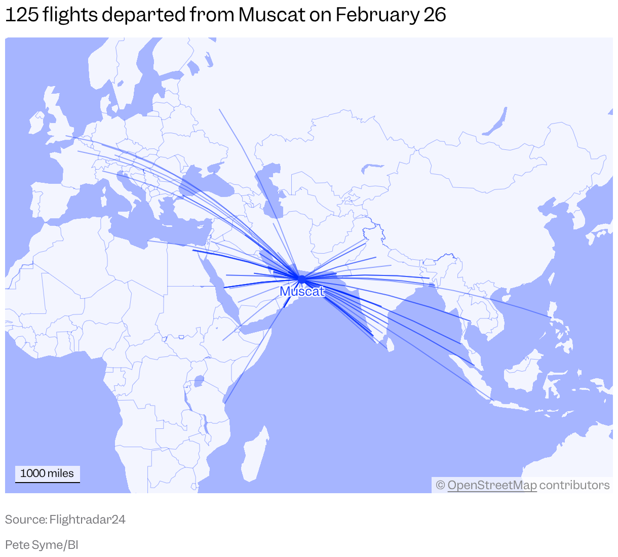 A map of the world shows the paths of flights that departed from Muscat, Oman, on February 26