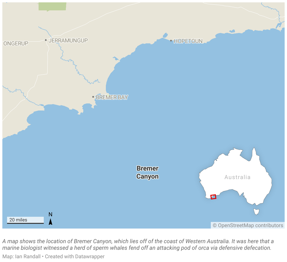 A map shows the location of Bremer Canyon, which lies off of the coast of Western Australia.