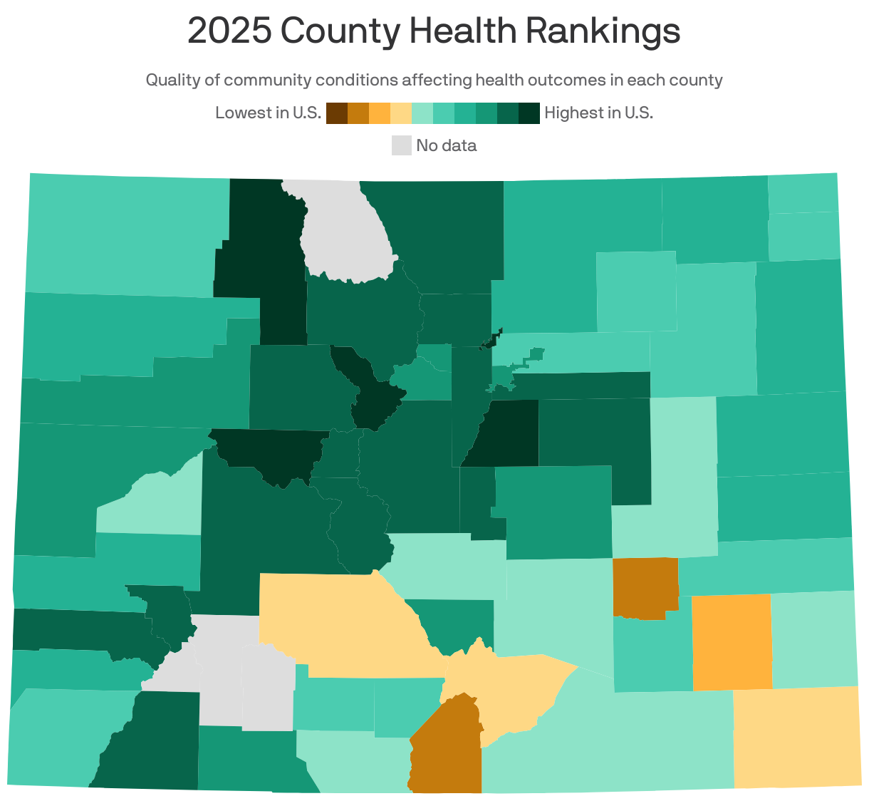 A choropleth map of Colorado counties showing 2025 County Health Rankings. Counties were ranked by the quality of community conditions that affect local health outcomes, such as social and economic factors, physical environment and health infrastructure. Douglas County, Colo. ranked the highest in the state, while Crowley County, Colo. ranked the lowest.