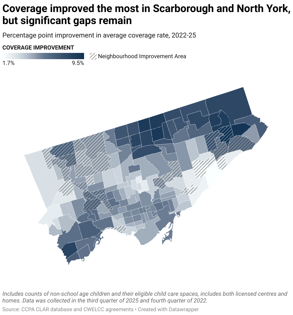 Coverage improved the most in Scarborough and North York, but significant gaps remain (Choropleth map)