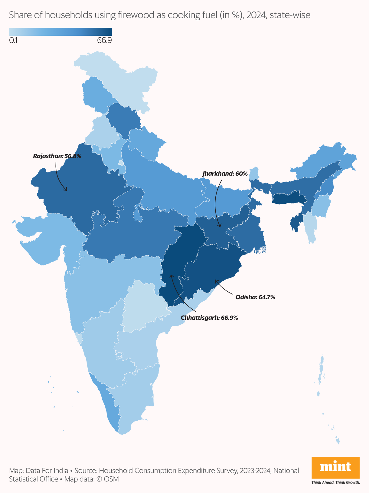 A map of India showing state-wise share of households that are using firewood as cooking fuel in 2024.