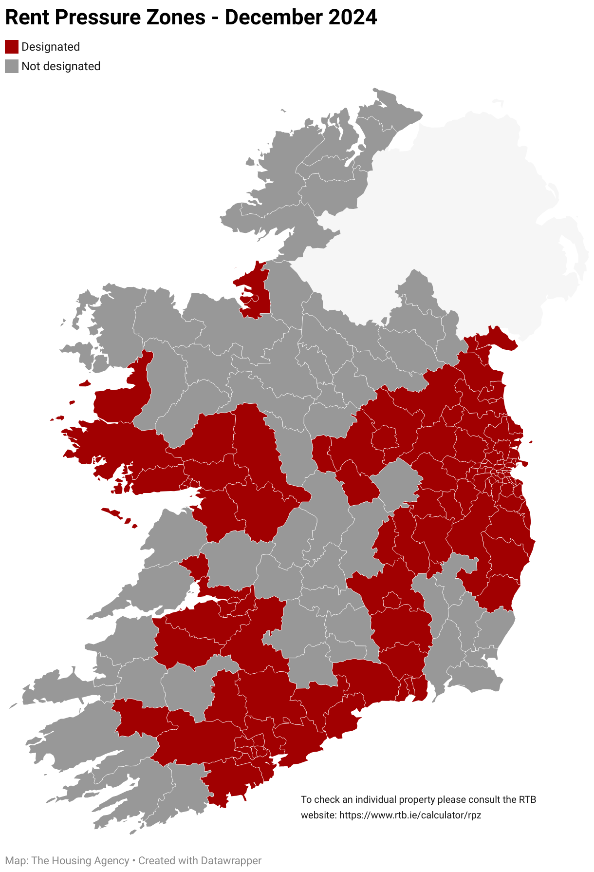 Map of Local Electoral Areas in Ireland showing which are designated as a Rent Pressure Zone in red and those which are not in grey. 