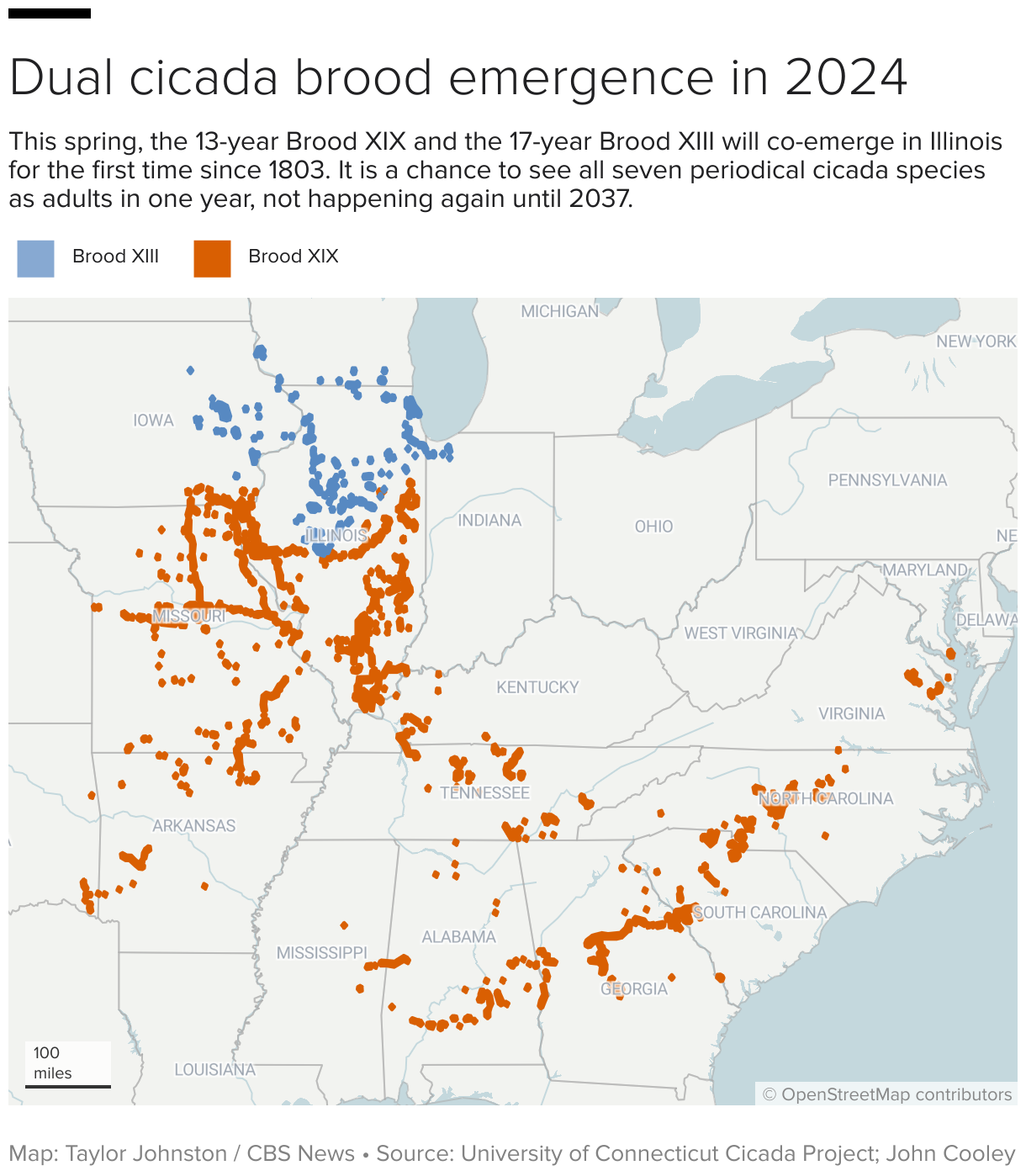 Map showing where the XIII and XIX cicada broods will emerge this spring in the U.S.