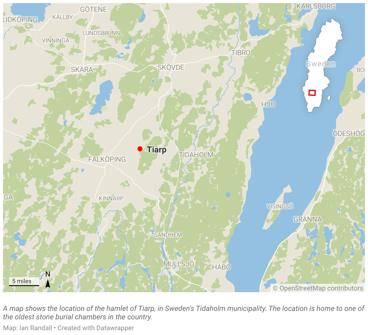 A map shows the location of the hamlet of Tiarp, in Sweden's Tidaholm municipality.