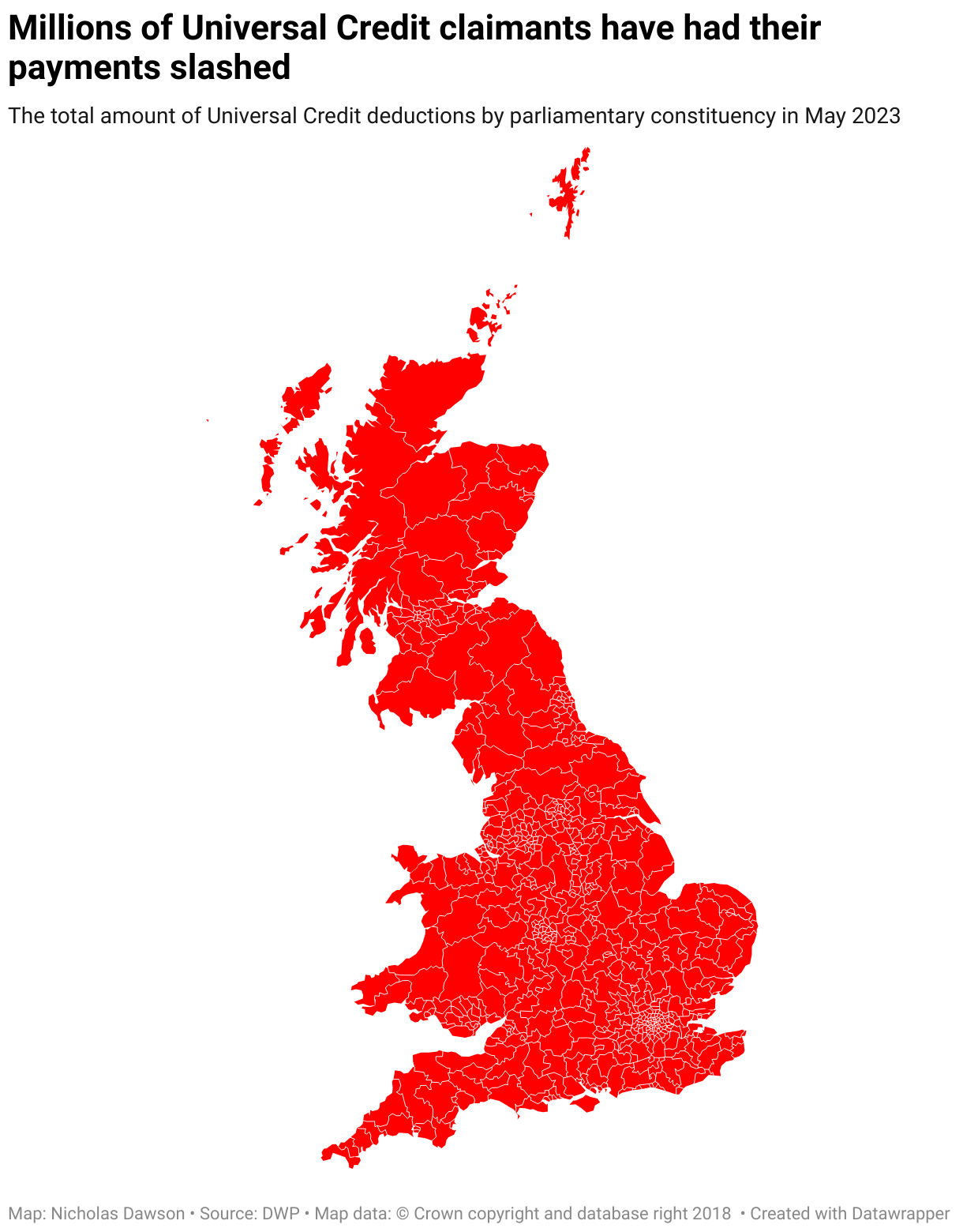 A map showing the total amount of Universal Credit deductions by parliamentary constituency