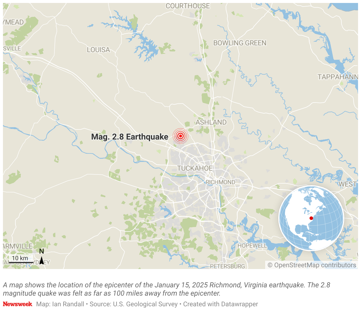 2025 年 1 月 15 日にバージニア州リッチモンドで発生した地震の震源地の位置を示す地図。