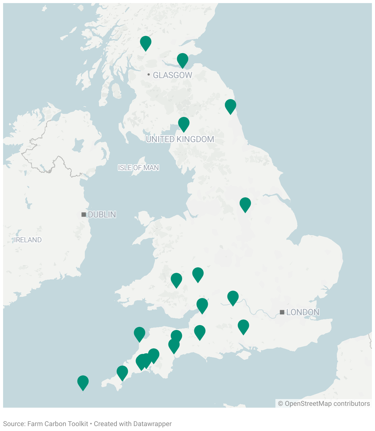 A map of the locations of Farm Carbon Toolkit staff and directors.