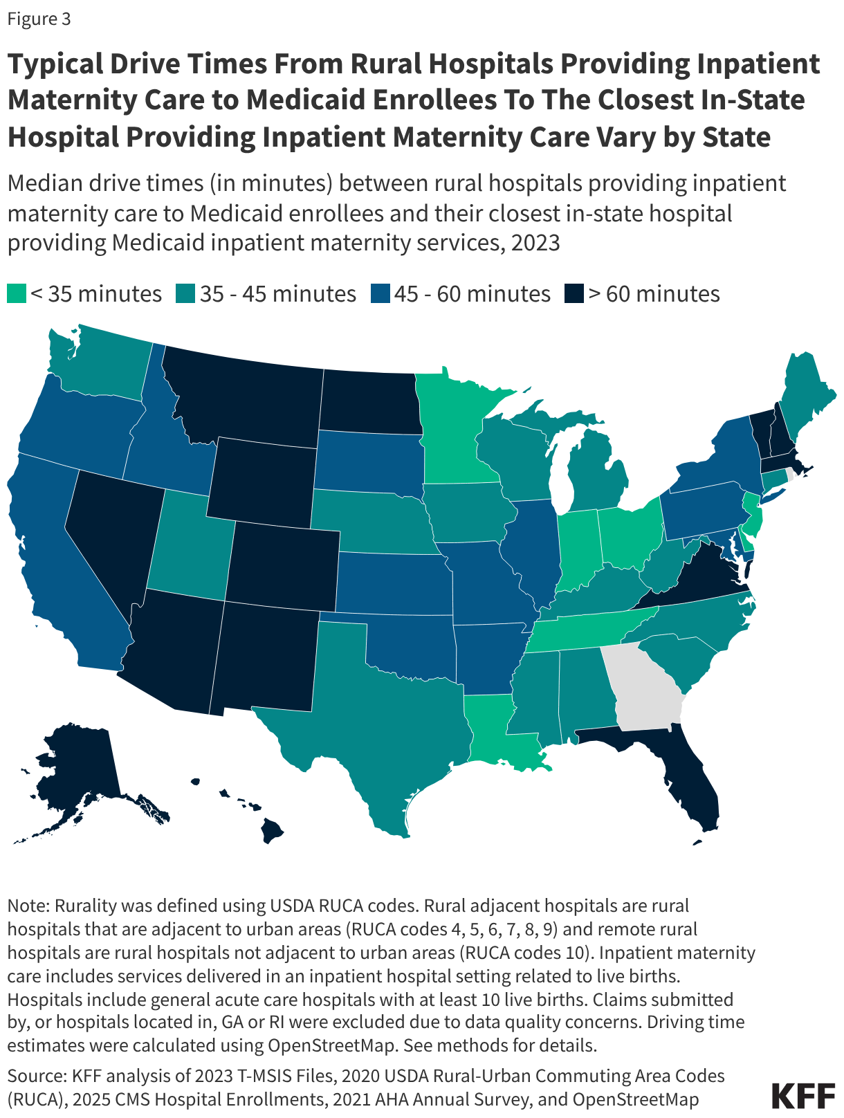 Typical Drive Times From Rural Hospitals Providing Inpatient Maternity Care to Medicaid Enrollees To The Closest In-State Hospital Providing Inpatient Maternity Care Vary by State (Choropleth map)