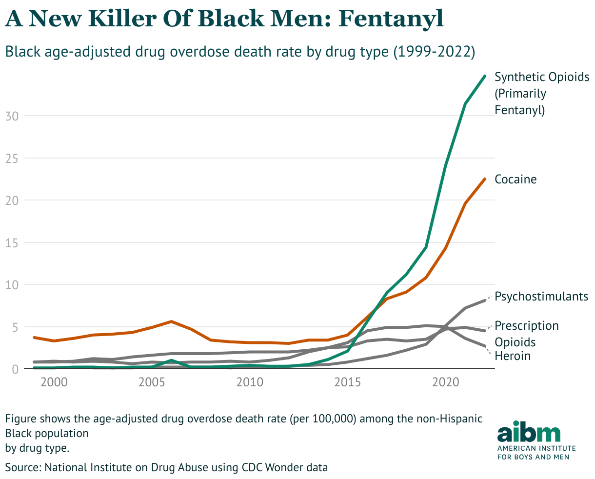 A line graph depicting that opioids, and primarily fentanyl, are now most responsible for drug-related deaths among black men