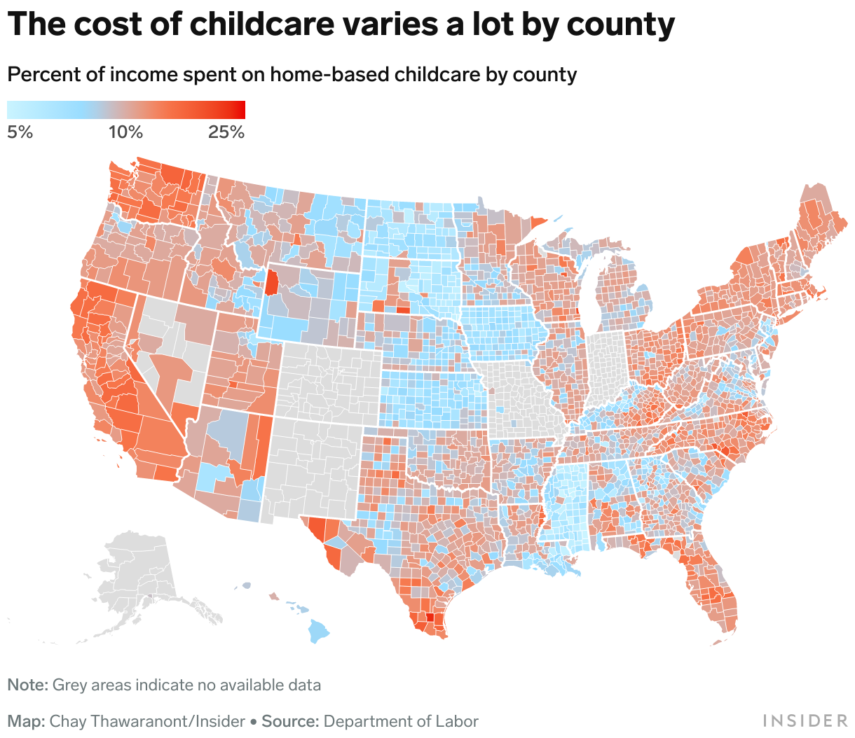  A US choropleth map showing the cost of childcare by county