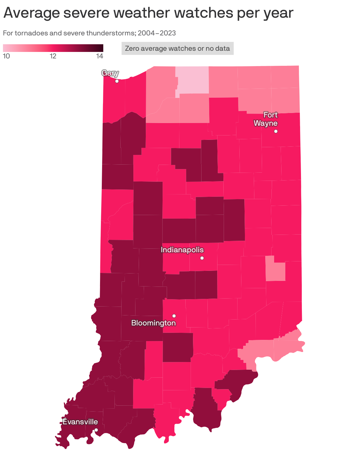 Choropleth map of U.S. counties showing the average number of severe weather watches reported per year, from data collected 2004 to 2023. Counties in the midwest, particularly in Oklahoma, Iowa, Kansas and Nebraska, have the most severe weather watches. States on the West Coast have little to none. Comanche County in Oklahoma is the highest, with 21 severe thunderstorm or tornado watches reported on average per year.