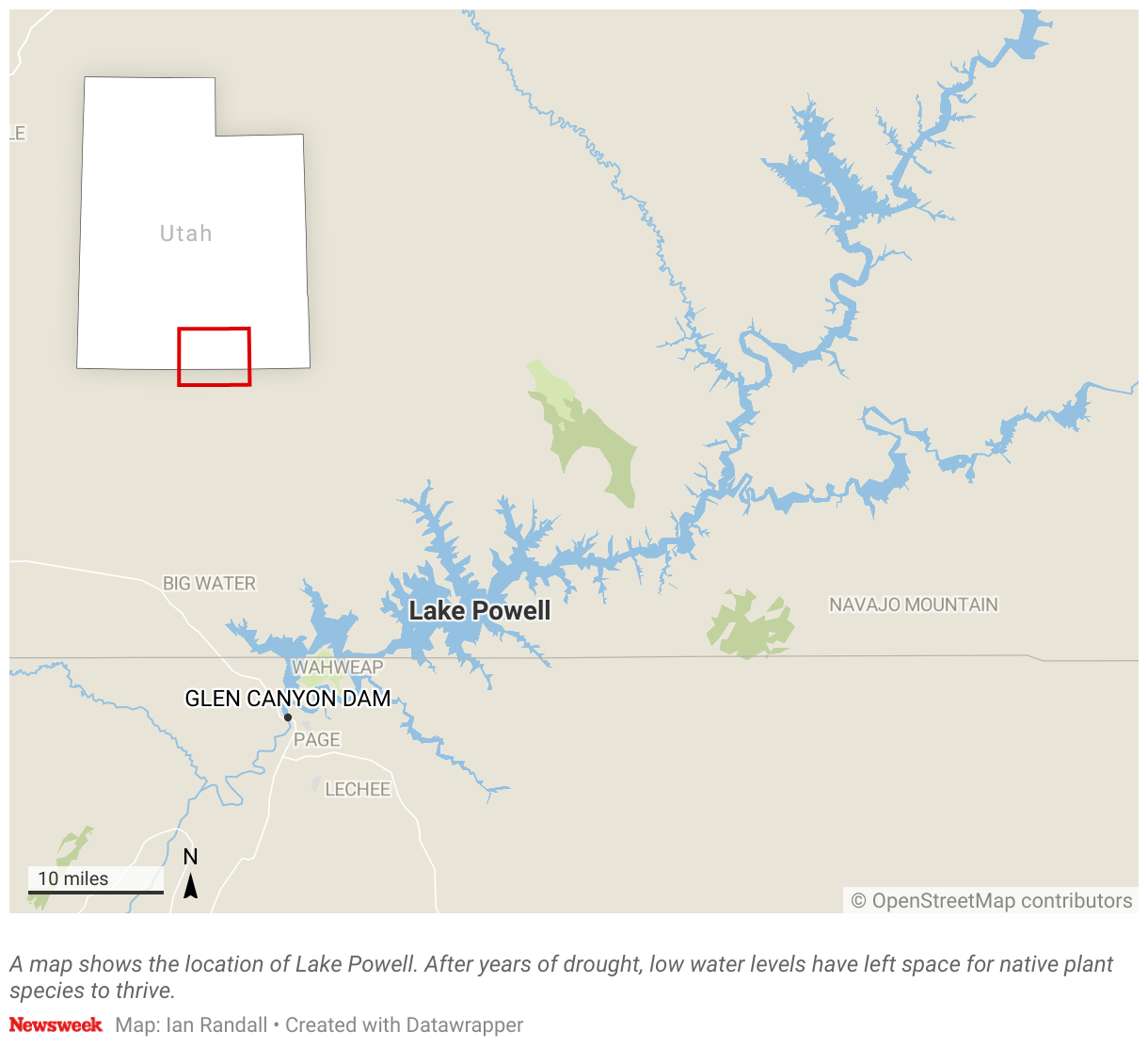 El mapa muestra la ubicación del lago Powell.