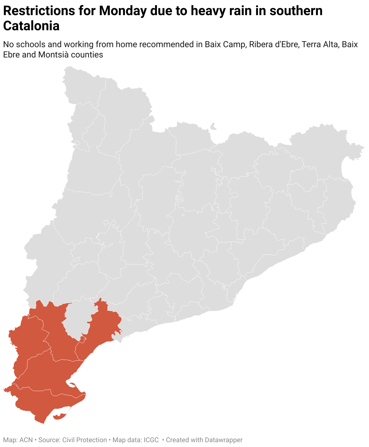Restrictions for Monday due to heavy rain in southern Catalonia (Choropleth map)