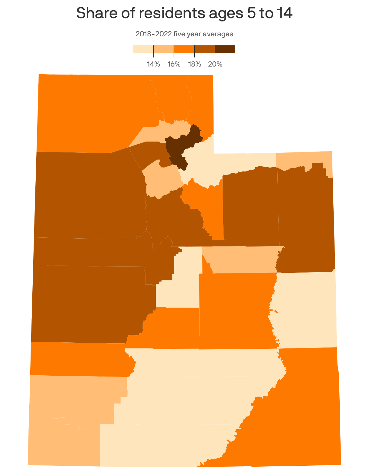 A county choropleth map showing the share of residents who are ages 5-14.