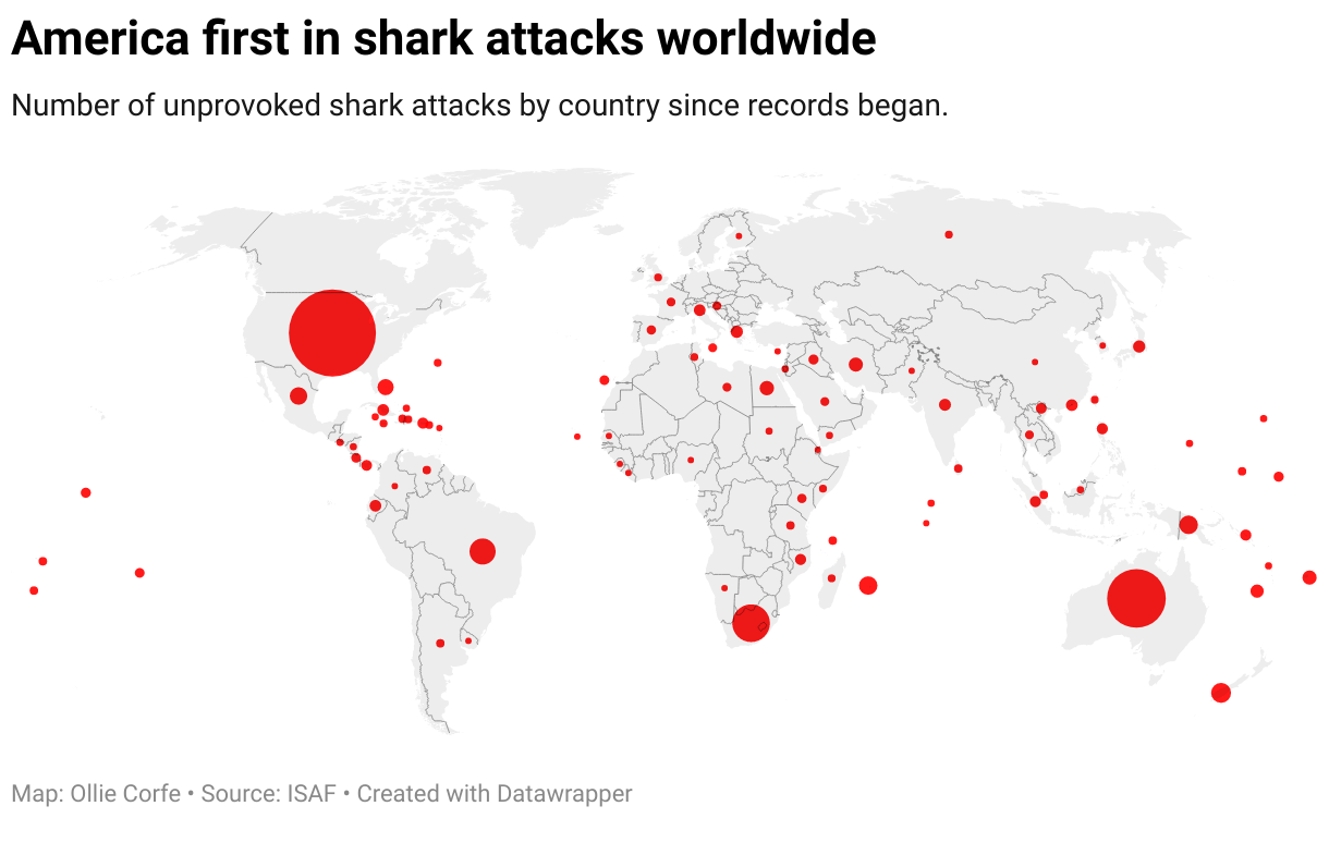 Map of the world by number of shark attacks.