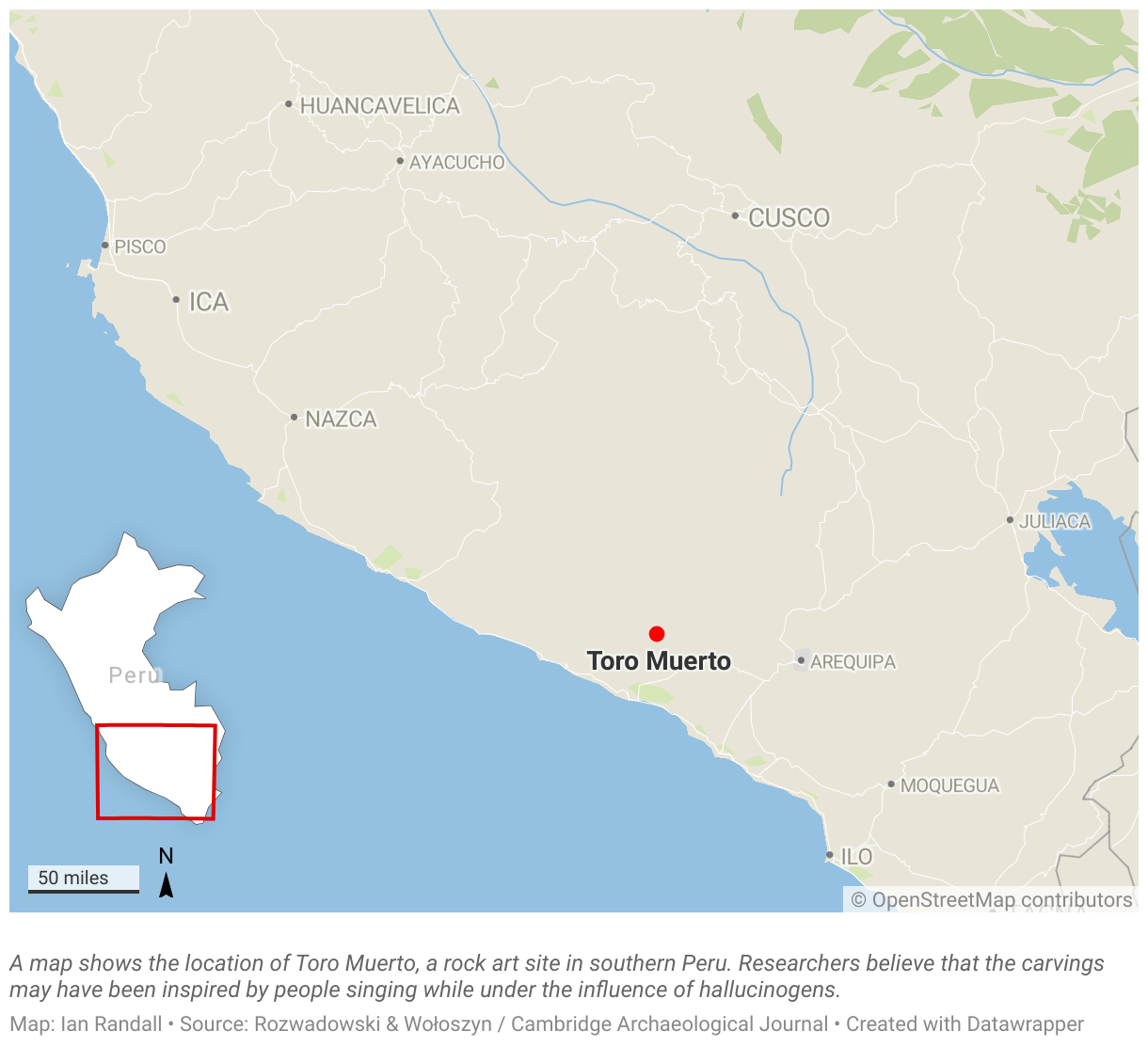 A map shows the location of Toro Muerto, a rock art site in southern Peru.