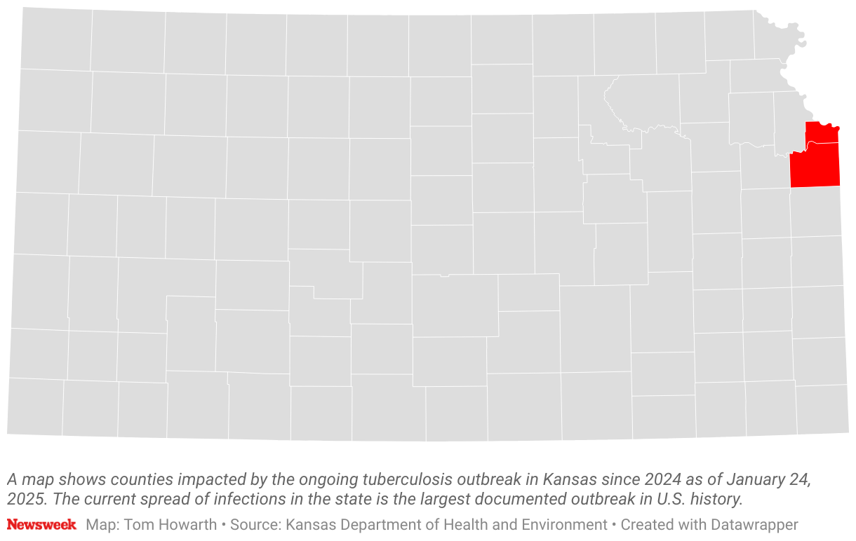 A map shows counties impacted by the ongoing tuberculosis outbreak in Kansas.