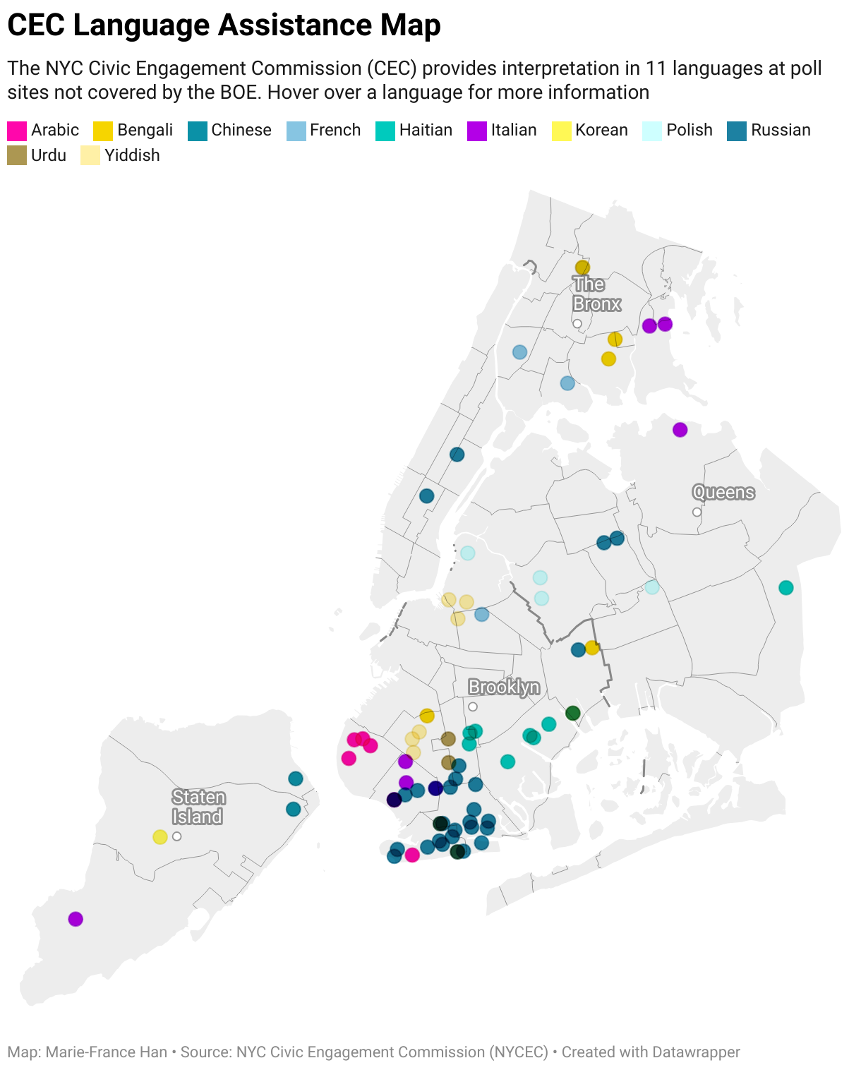 Map of NYC by community district showing color-coded poll sites offering language assistance