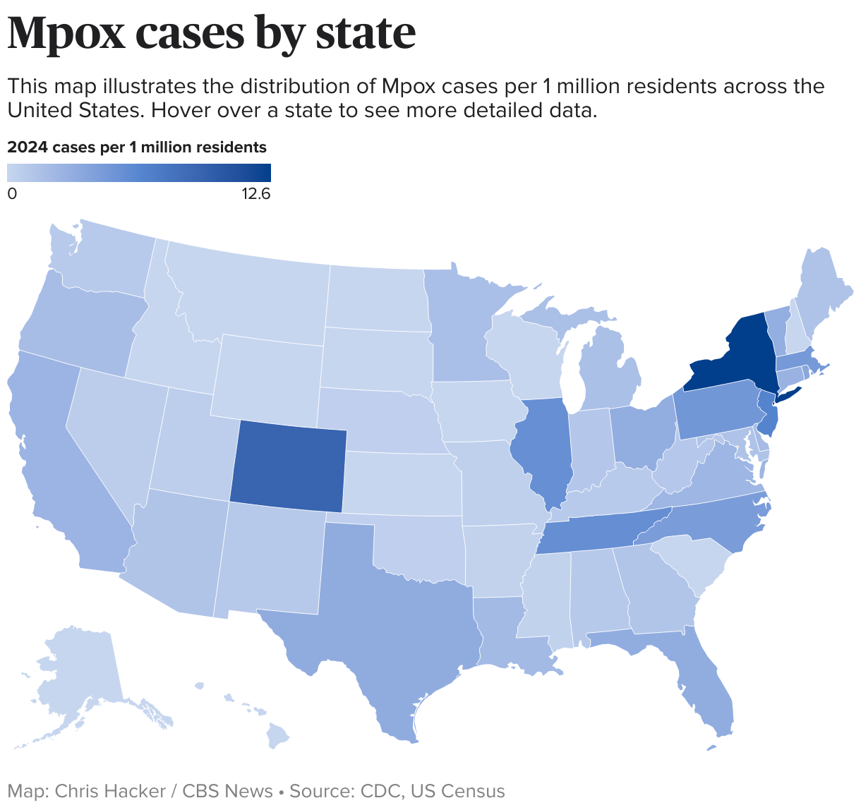 U.S map showing the distribution of Mpox cases per 1 million residents.