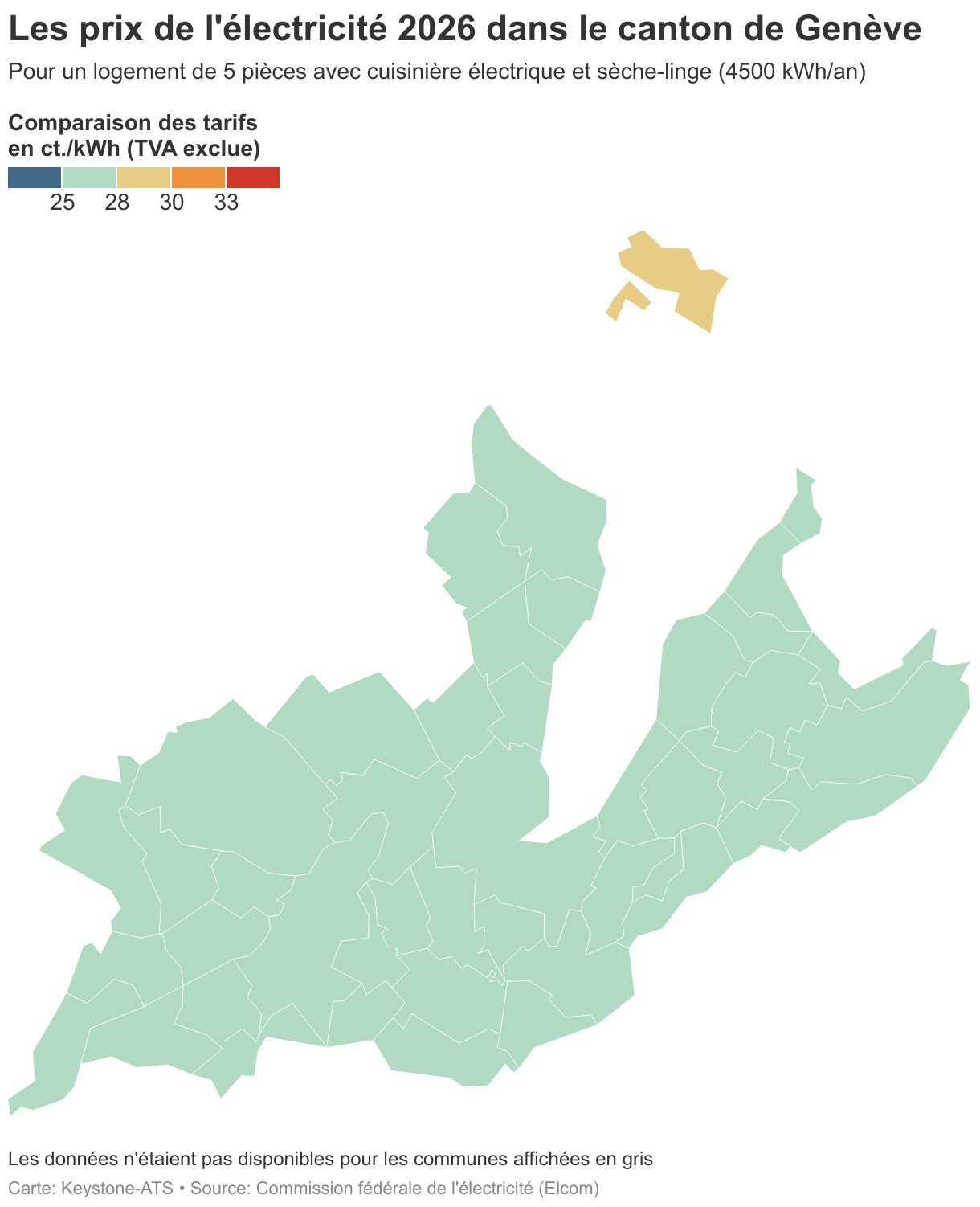 Les prix de l'électricité 2026 dans le canton de Genève (Carte choroplèthe)