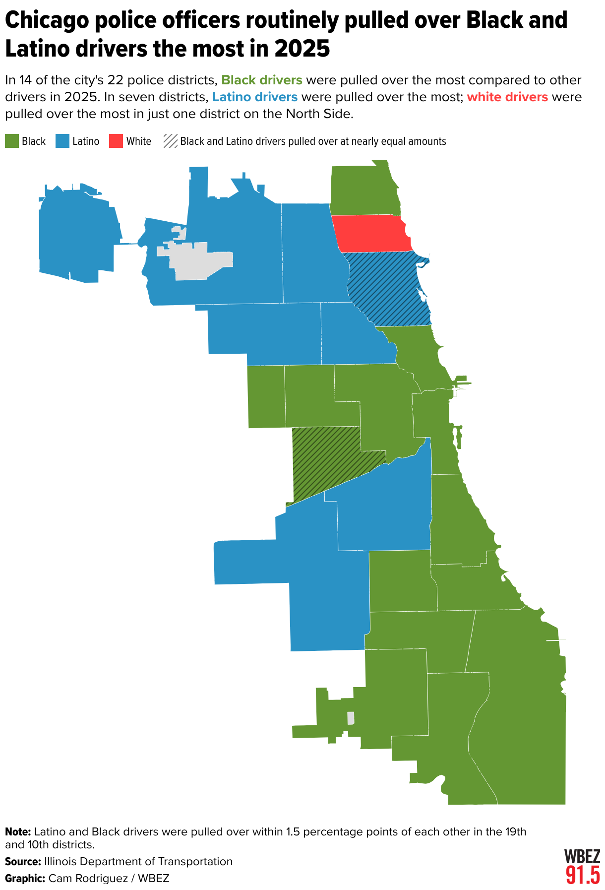 Chicago police officers routinely pulled over Black and Latino drivers the most in 2025 (Choropleth map)