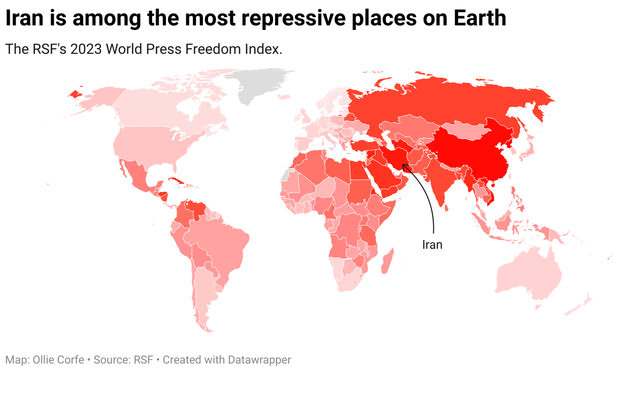 World map according to press freedom scores.